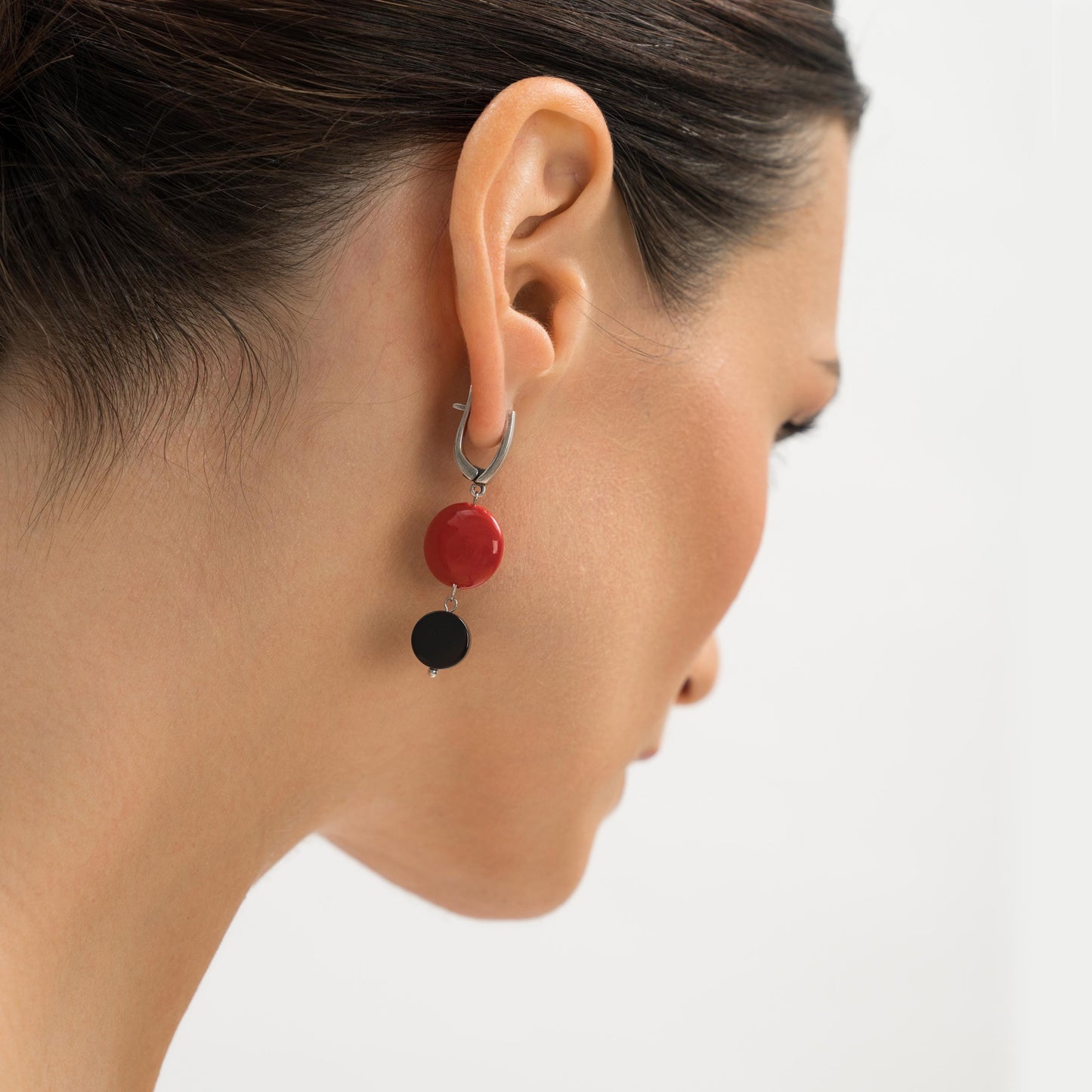 Silver Dangle Earrings with Black Agate and Red Stone, Lightweight Statement Jewelry, Art Deco Suprematism Earrings, Elegant Gift for Her