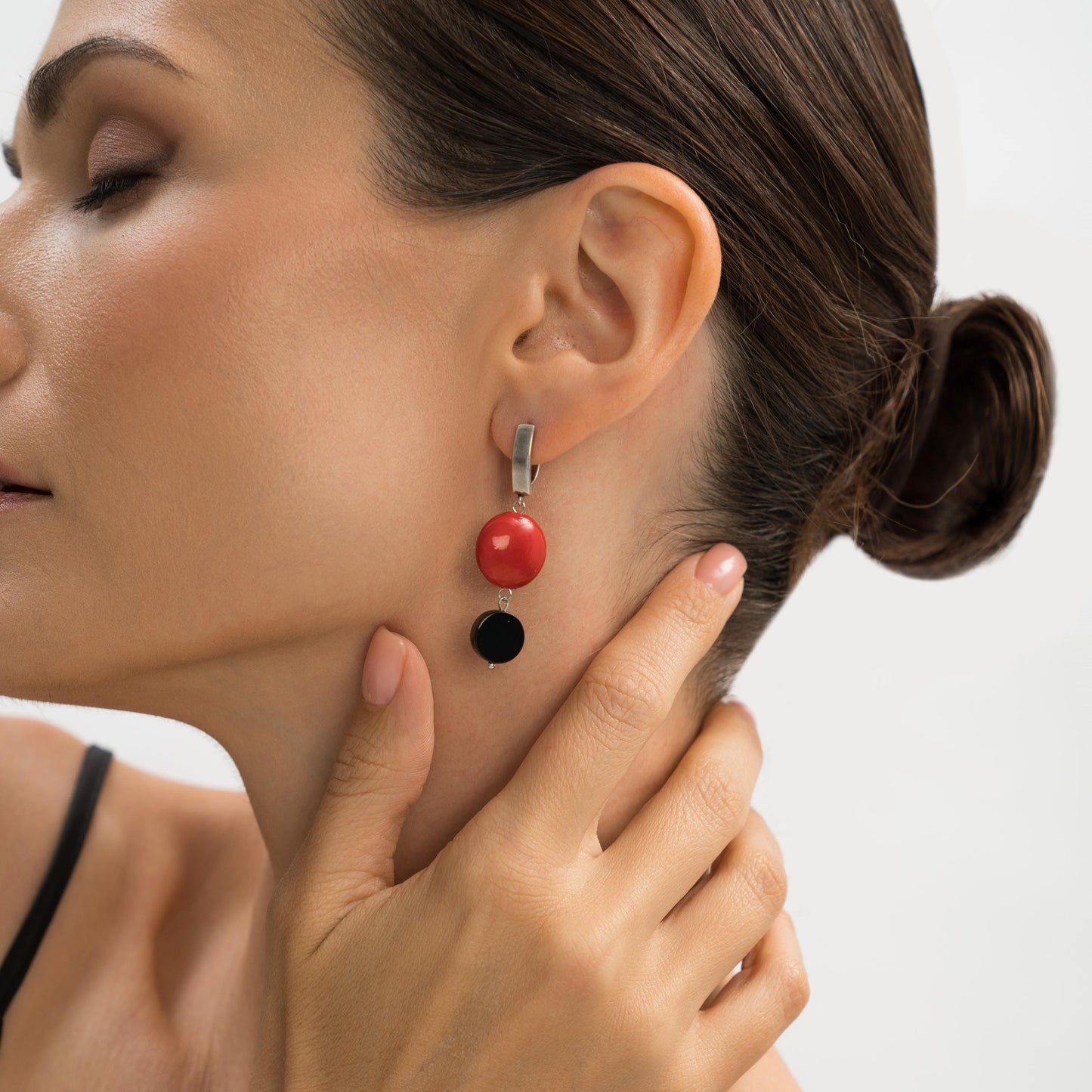 Silver Dangle Earrings with Black Agate and Red Stone, Lightweight Statement Jewelry, Art Deco Suprematism Earrings, Elegant Gift for Her