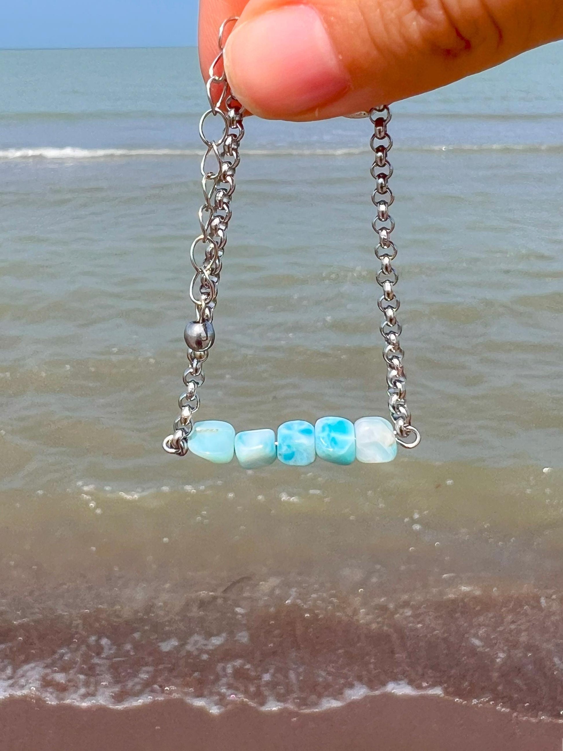 Silver Chain Bracelet with Larimar – Blue Gemstone Crystal Hand Chain Bracelet | Y2K Birthstone Stack | Summer Jewelry Gift for Her