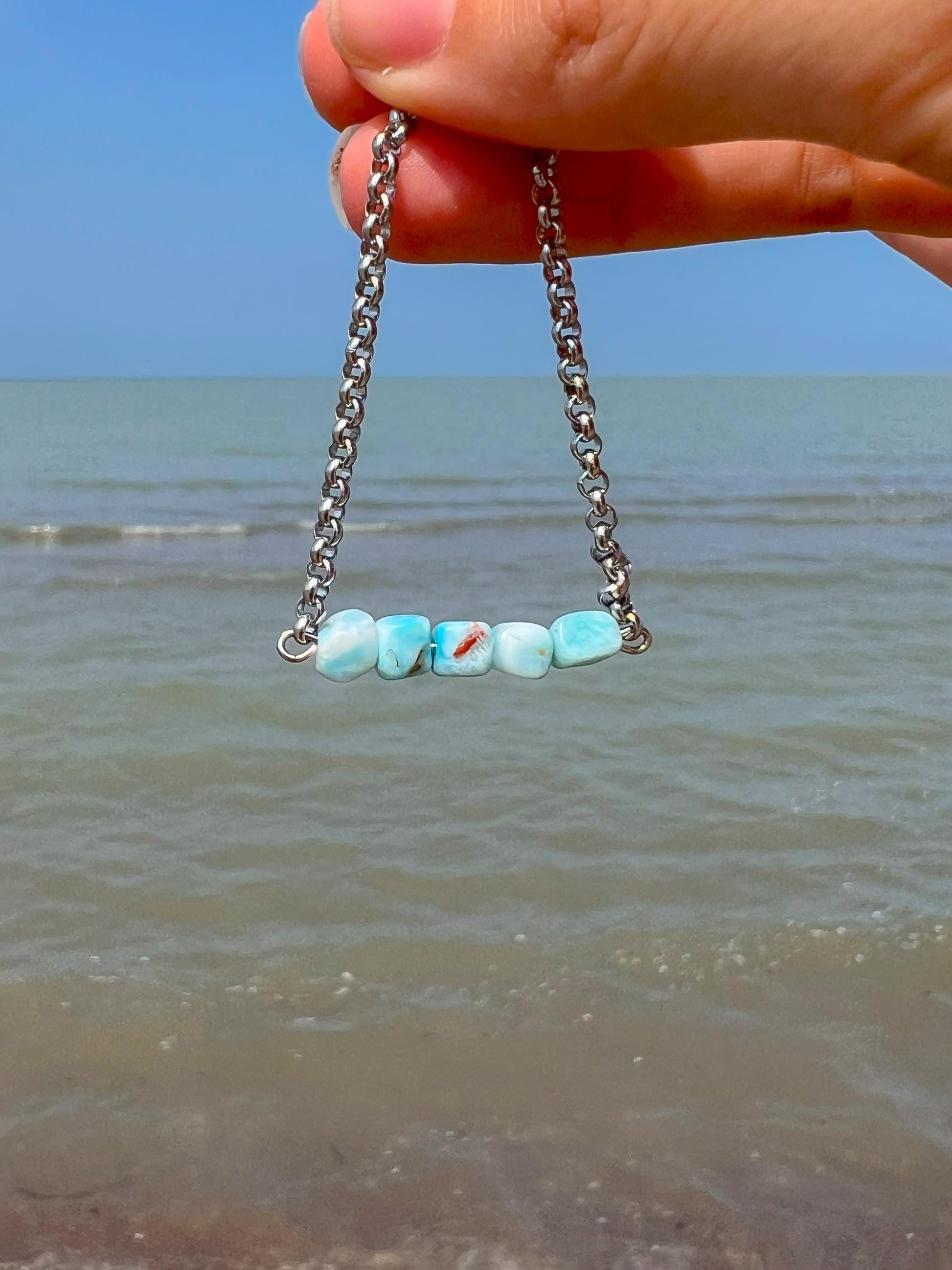 Silver Chain Bracelet with Larimar – Blue Gemstone Crystal Hand Chain Bracelet | Y2K Birthstone Stack | Summer Jewelry Gift for Her