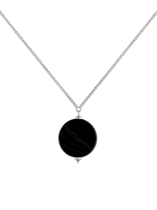 Silver Black Onyx Pendant Necklace – Minimalist Gemstone Crystal Jewelry, Long Dainty Stone Y Necklace, Everyday Protection Gift for Her