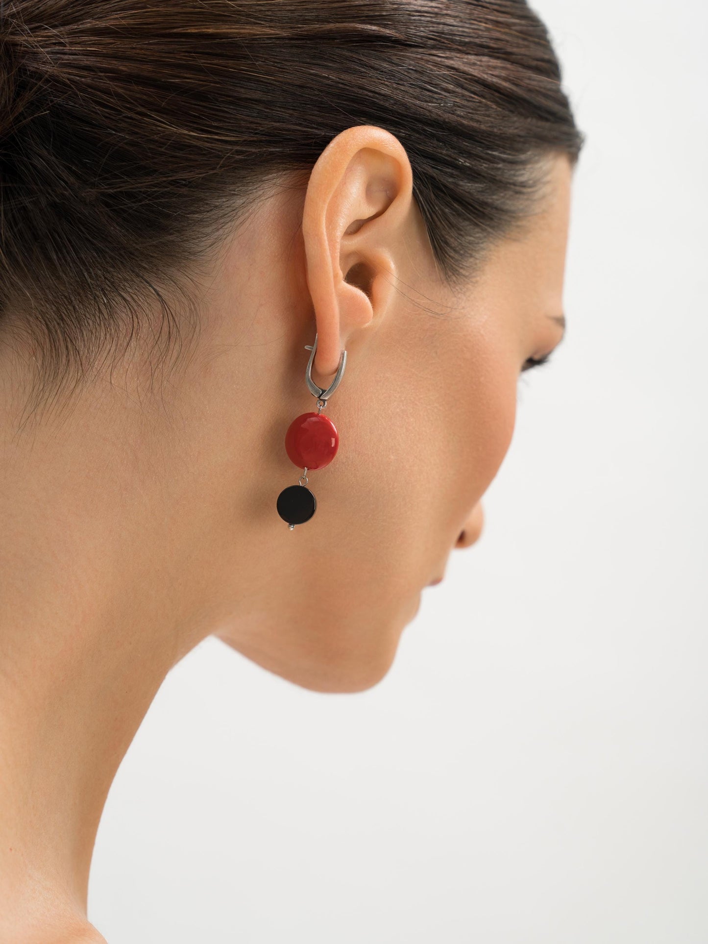 Gold Dangle Earrings with Black Agate and Red Stone, Lightweight Statement Jewelry, Art Deco Suprematism Earrings, Elegant Gift for Her
