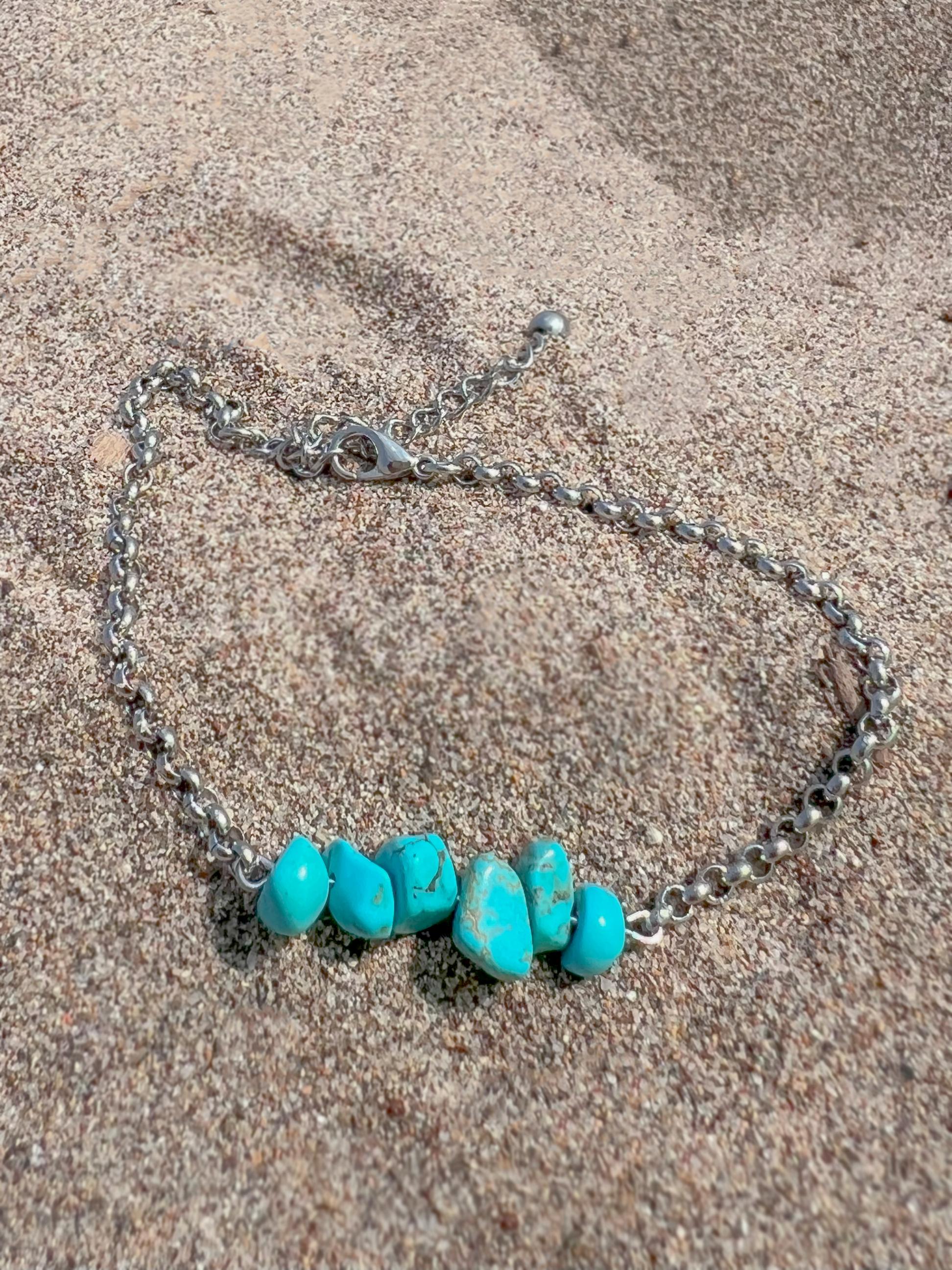 Turquoise Howlite Hand Chain Bracelet – Gemstone Bohemian Jewelry, Beach Ocean Charm Bracelet, Summer Style, Birthday, Gift for Her