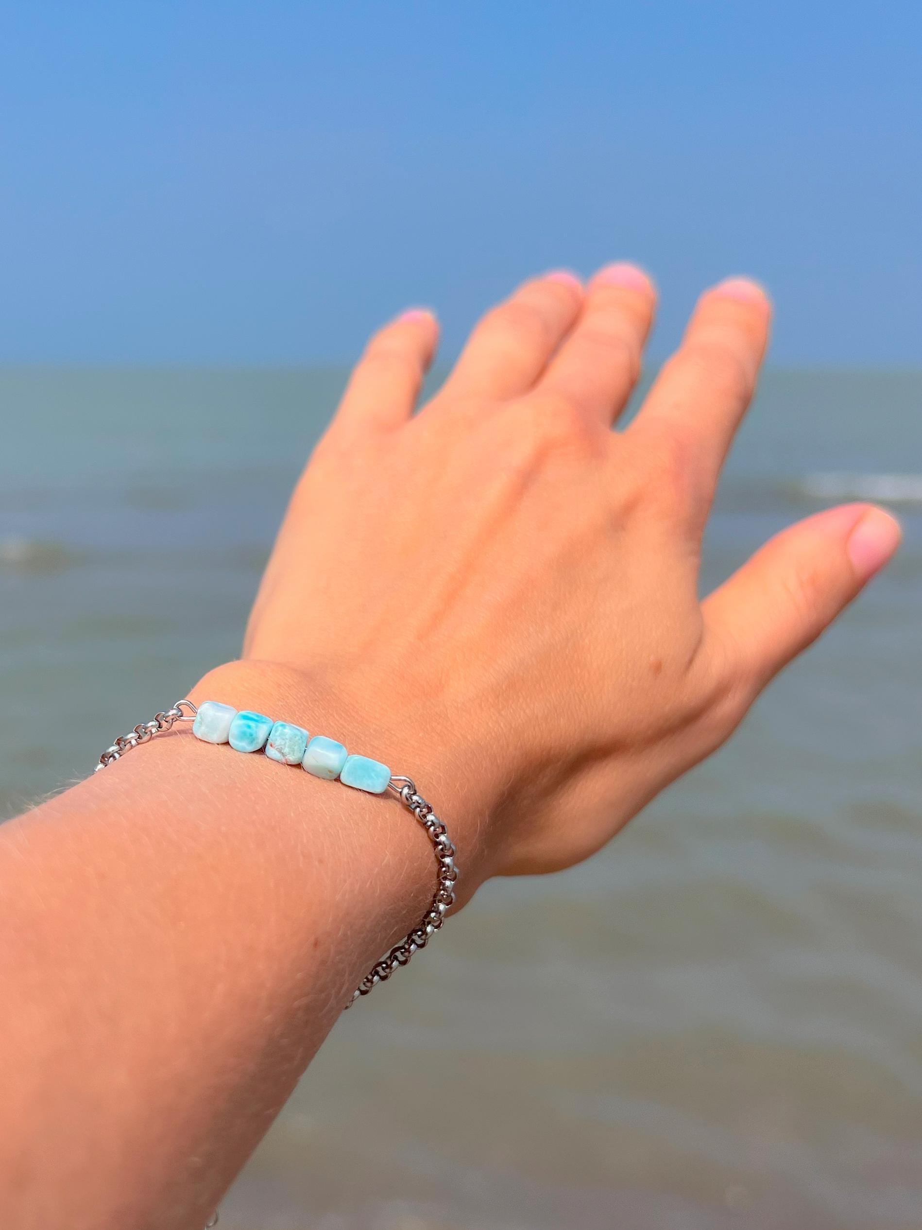 Silver Chain Bracelet with Larimar – Blue Gemstone Crystal Hand Chain Bracelet | Y2K Birthstone Stack | Summer Jewelry Gift for Her