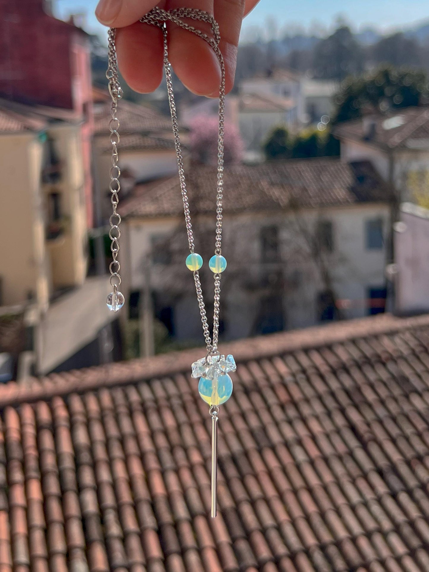 Long Blue Opalite Lariat Necklace,Silver Y Pendant Necklace,Dainty Crystal Jewelry,Handmade Art Deco Statement Necklace,Moonstone Style Gift