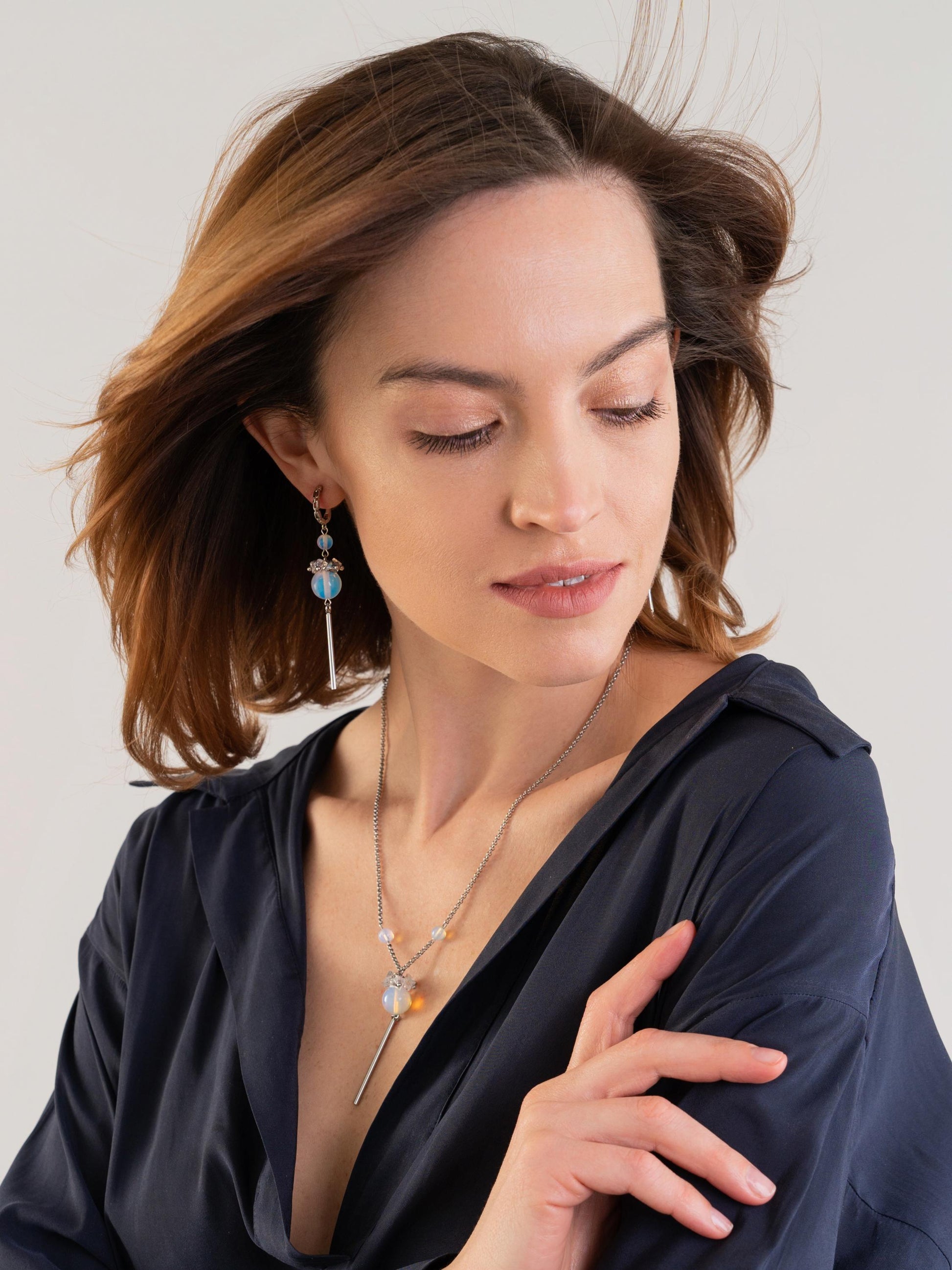 Long Blue Opalite Lariat Necklace,Silver Y Pendant Necklace,Dainty Crystal Jewelry,Handmade Art Deco Statement Necklace,Moonstone Style Gift