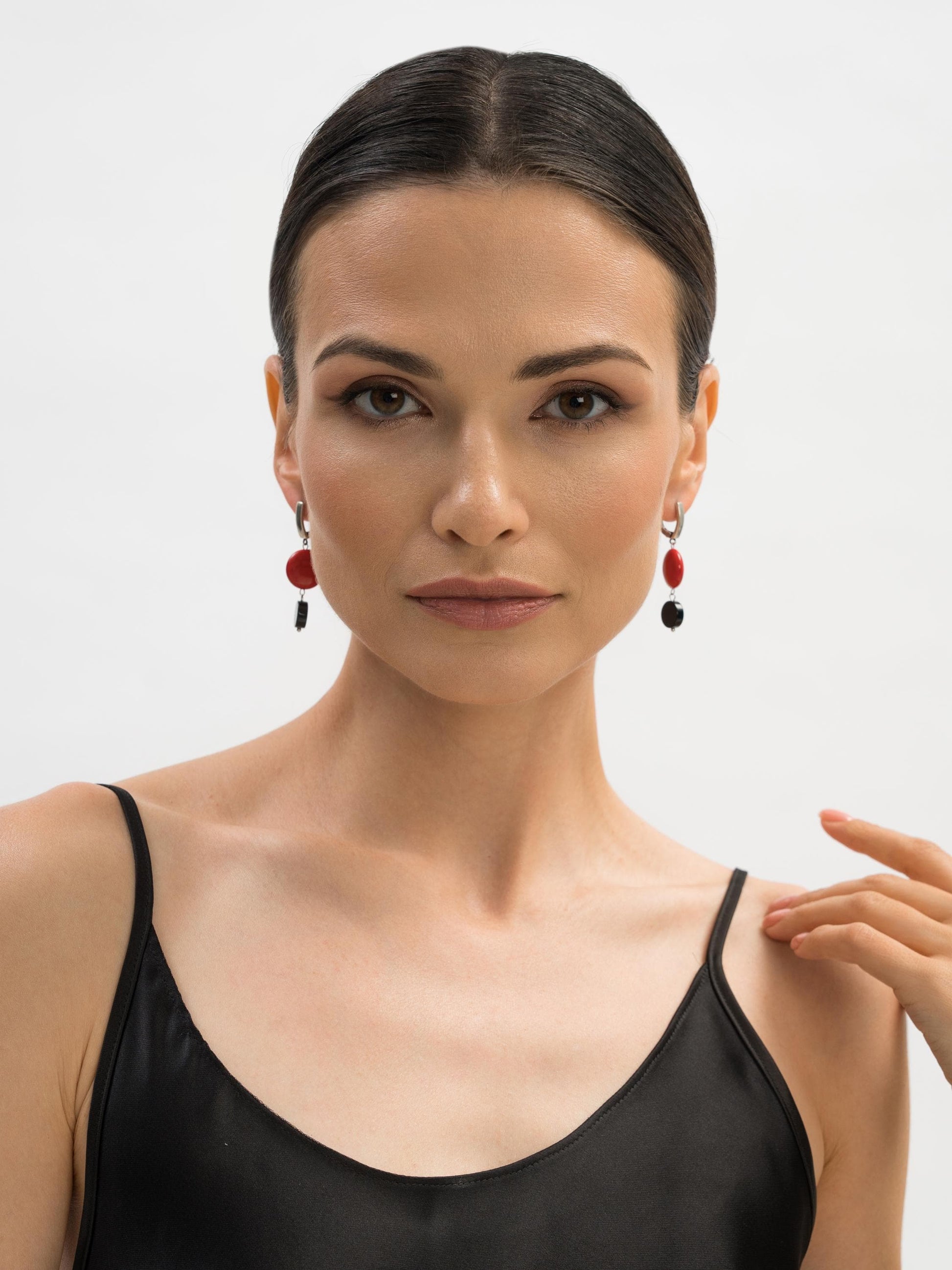 Gold Dangle Earrings with Black Agate and Red Stone, Lightweight Statement Jewelry, Art Deco Suprematism Earrings, Elegant Gift for Her