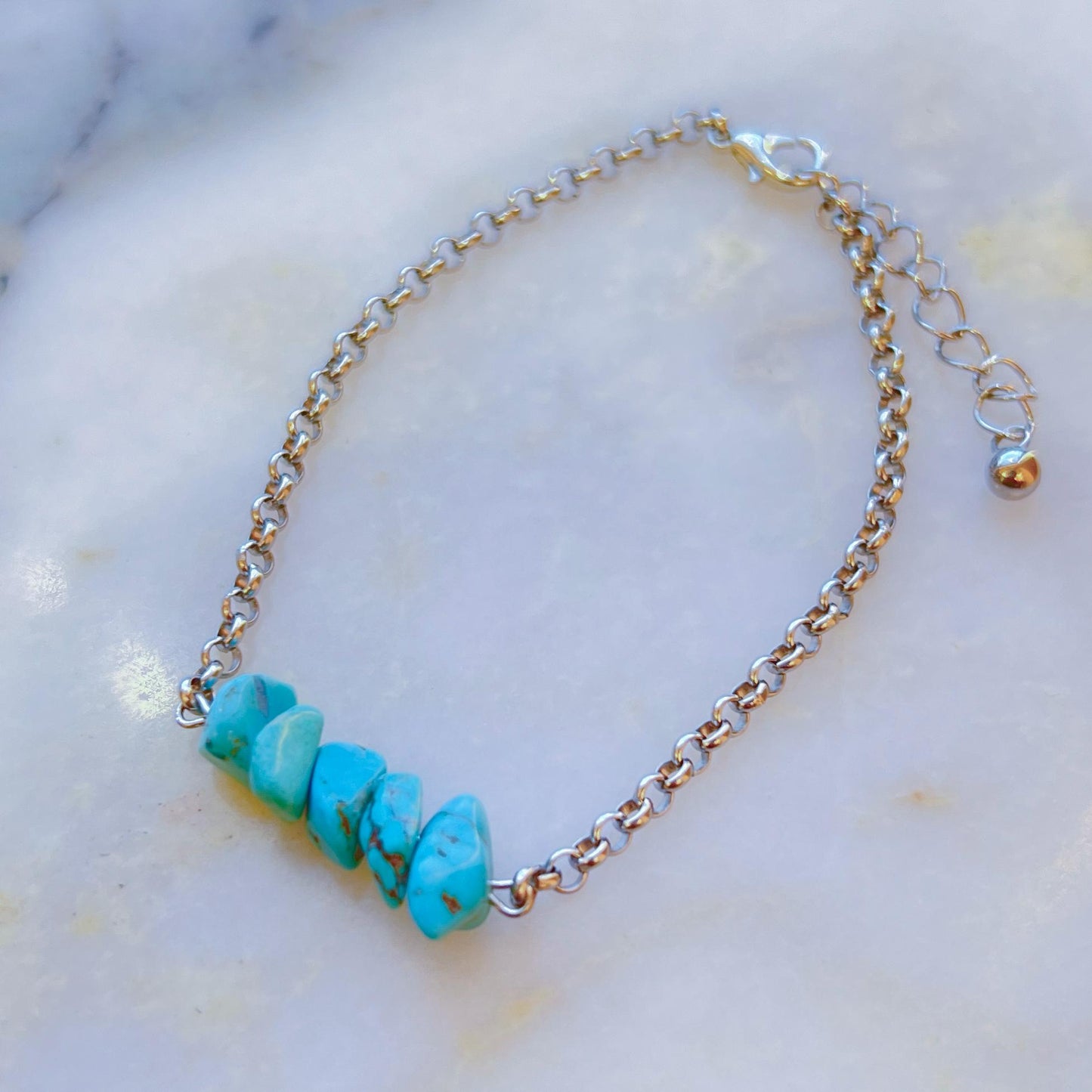 Turquoise Crystal Silver Chain Bracelet – Bohemian Y2K Hand Chain Jewelry, Unique Gift for Her, Birthstone Howlite Bracelet Stack Style