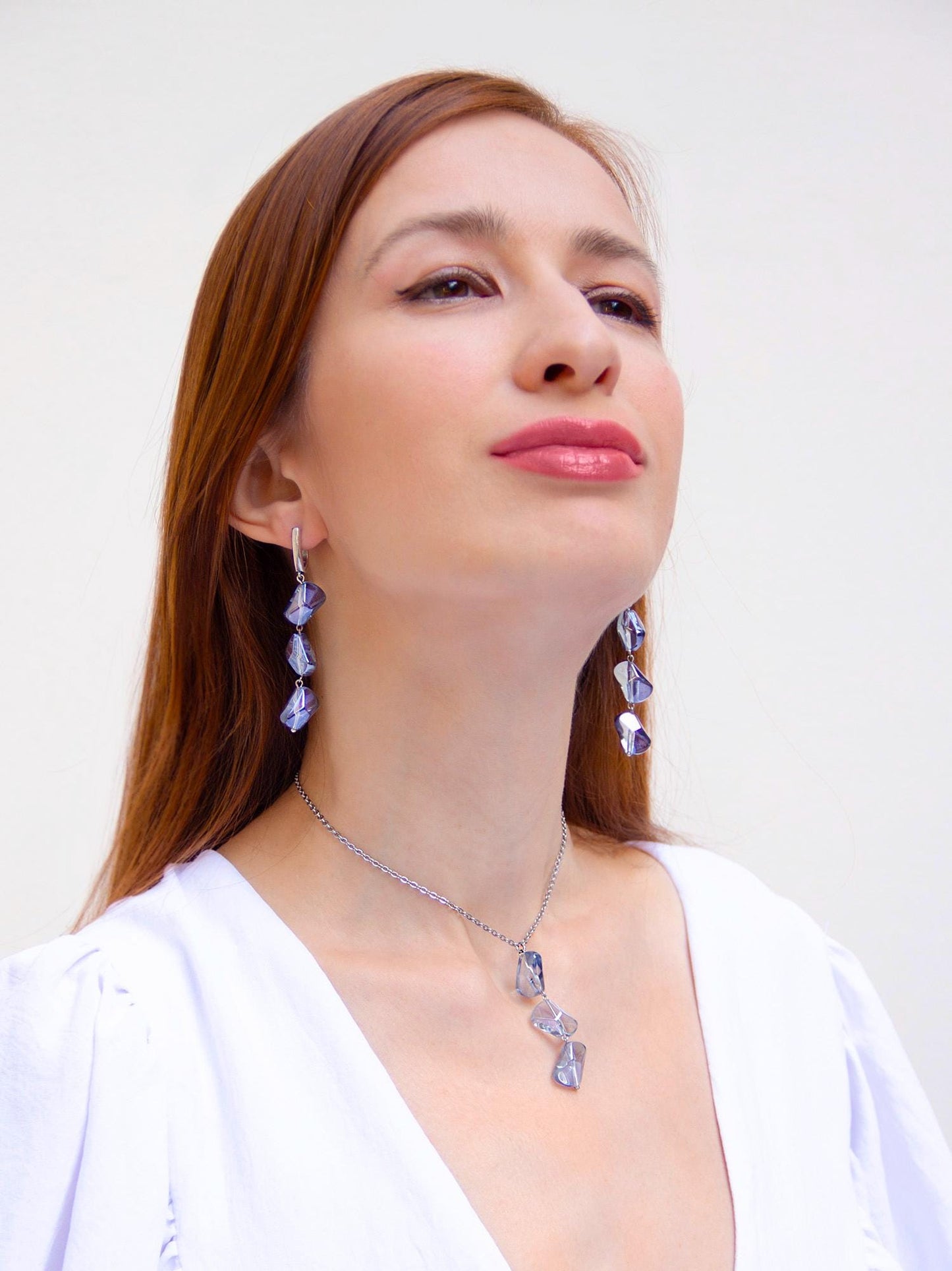 Silver Lariat Necklace Blue Bead Crystal Charm, Boho Long Statement Jewelry, Bridal Wedding Summer Necklace, Gift for Her