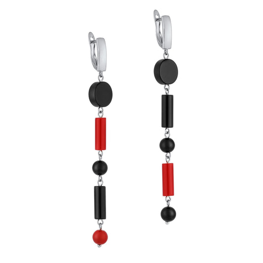 Asymmetric Long Dangle Earrings – Black Onyx & Red Accent Statement Jewelry | Handmade Geometric Drop Earrings | Quirky Silver Gift for Her
