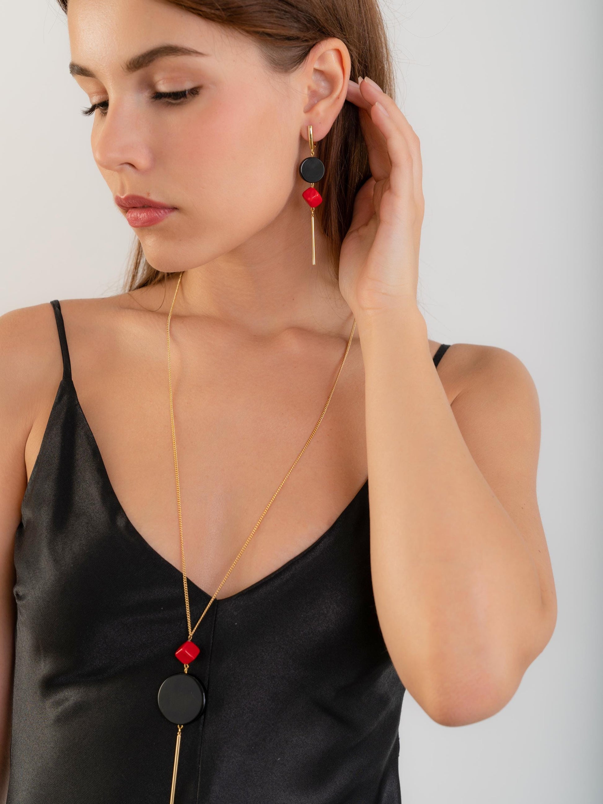 Geometric Dangle Earrings β Black Onyx & Red Coral Drop Earrings β Statement Handmade Jewelry Gift for Her β Quirky Gold Earrings