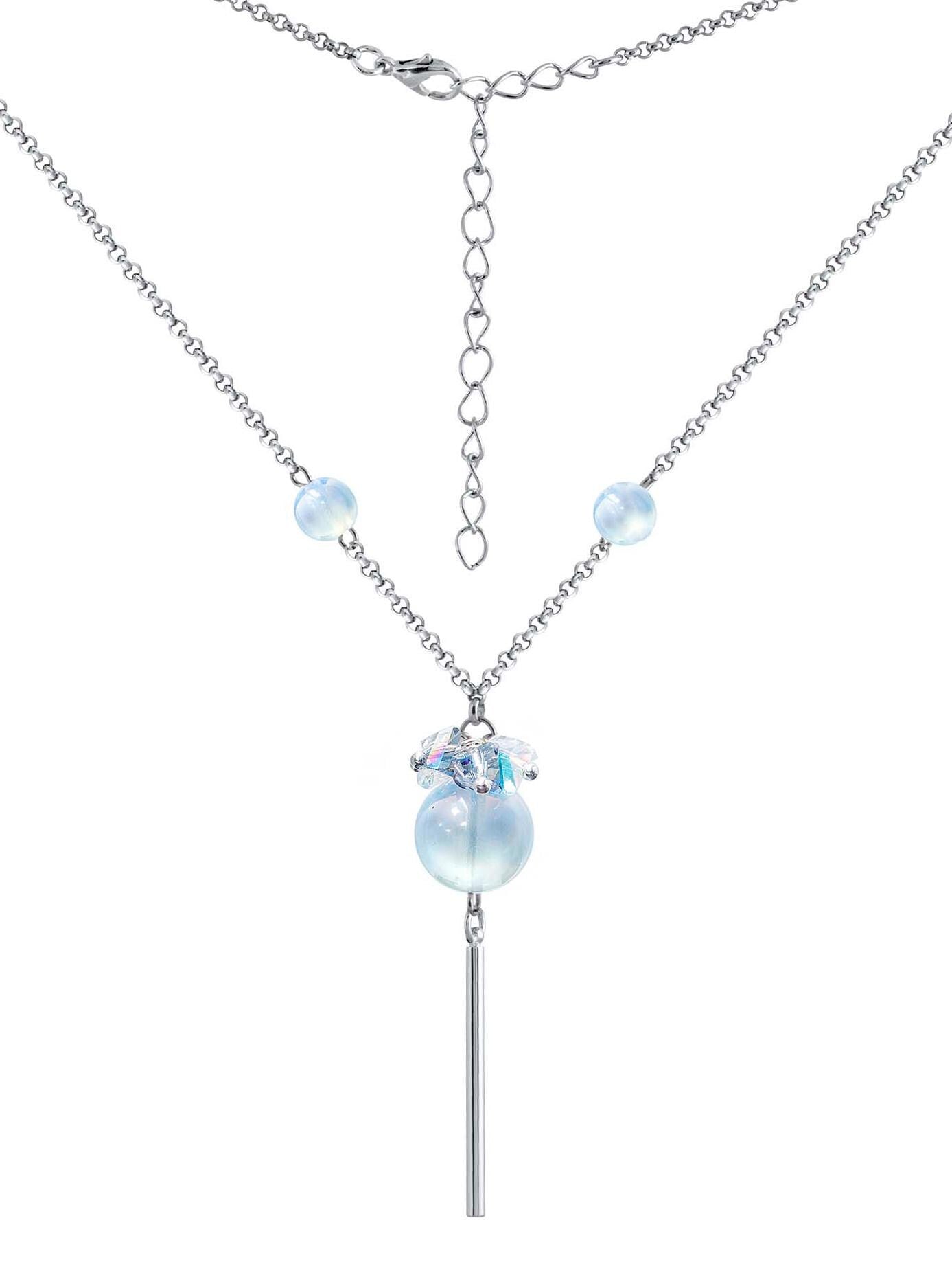 Long Blue Opalite Lariat Necklace,Silver Y Pendant Necklace,Dainty Crystal Jewelry,Handmade Art Deco Statement Necklace,Moonstone Style Gift