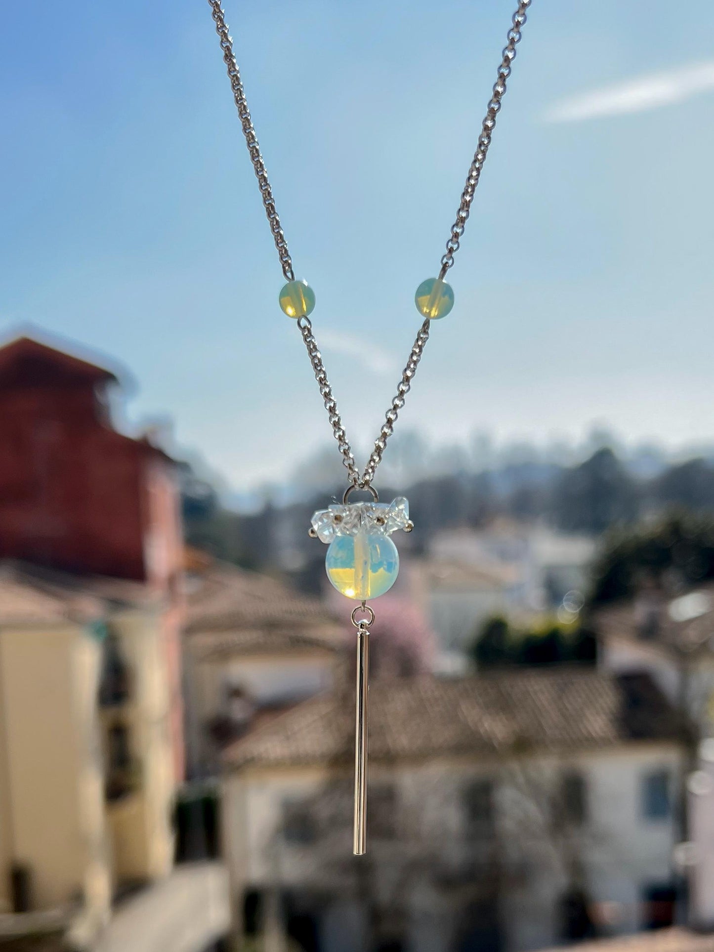 Long Blue Opalite Lariat Necklace,Silver Y Pendant Necklace,Dainty Crystal Jewelry,Handmade Art Deco Statement Necklace,Moonstone Style Gift