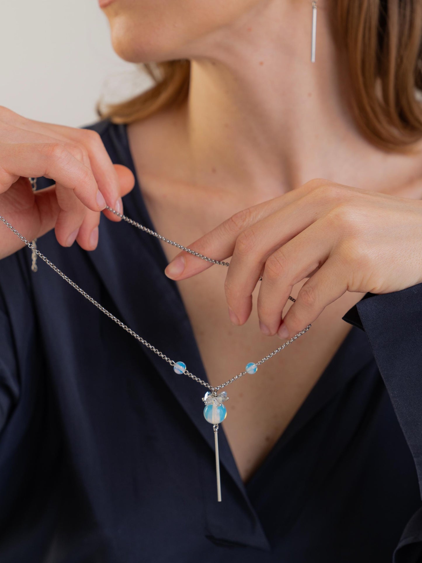 Long Blue Opalite Lariat Necklace,Silver Y Pendant Necklace,Dainty Crystal Jewelry,Handmade Art Deco Statement Necklace,Moonstone Style Gift