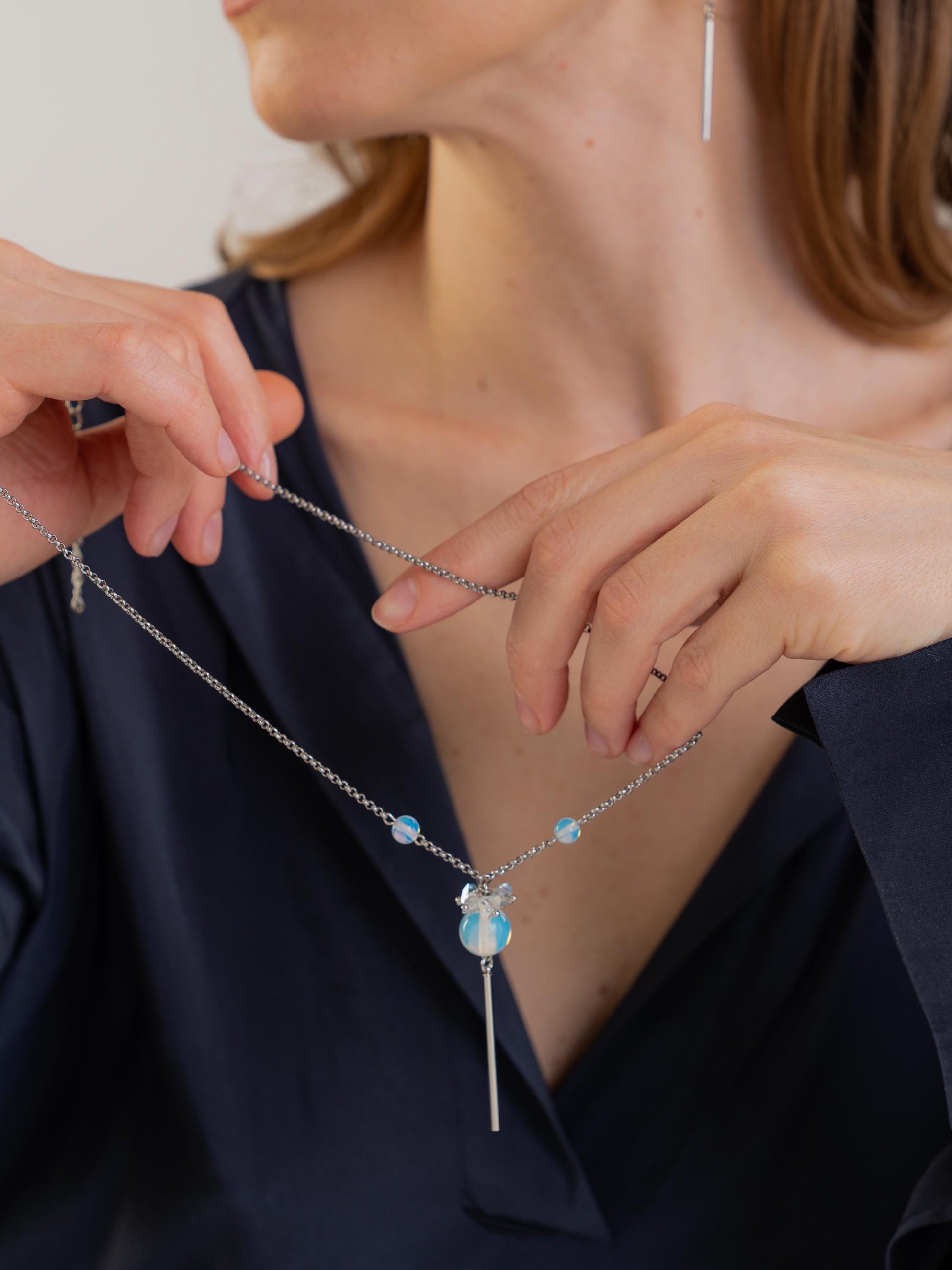 Long Blue Opalite Lariat Necklace,Silver Y Pendant Necklace,Dainty Crystal Jewelry,Handmade Art Deco Statement Necklace,Moonstone Style Gift