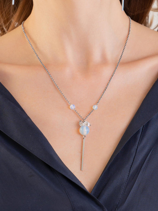 Long Blue Opalite Lariat Necklace,Silver Y Pendant Necklace,Dainty Crystal Jewelry,Handmade Art Deco Statement Necklace,Moonstone Style Gift