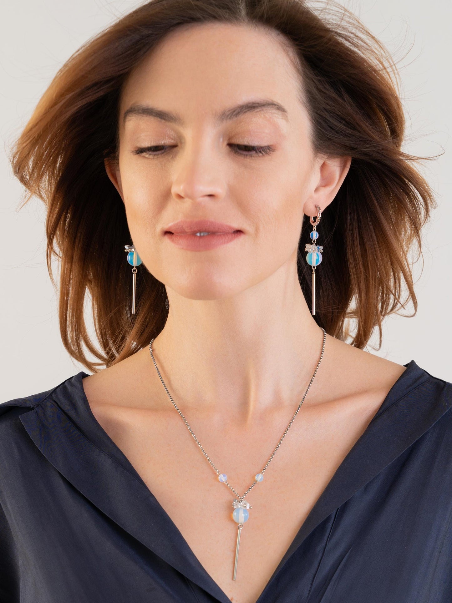 Long Blue Opalite Lariat Necklace,Silver Y Pendant Necklace,Dainty Crystal Jewelry,Handmade Art Deco Statement Necklace,Moonstone Style Gift