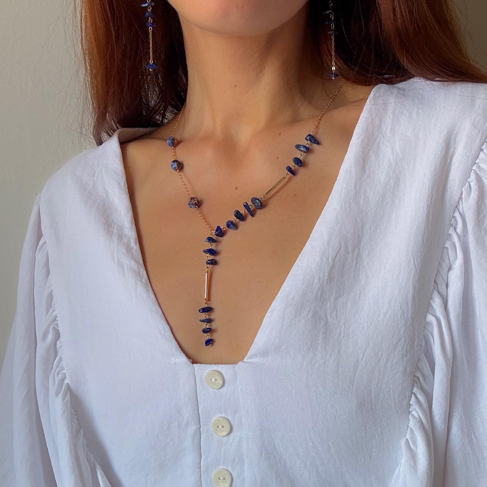 Gold Lariat Necklace with Lapis Lazuli – Dainty Y Necklace, Birthstone Jewelry, Long Boho Chain, Layered Bridal Statement, Gift for Her