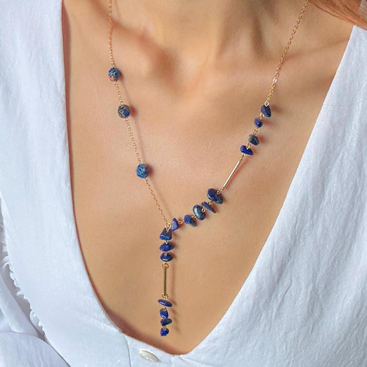 Gold Lariat Necklace with Lapis Lazuli – Dainty Y Necklace, Birthstone Jewelry, Long Boho Chain, Layered Bridal Statement, Gift for Her