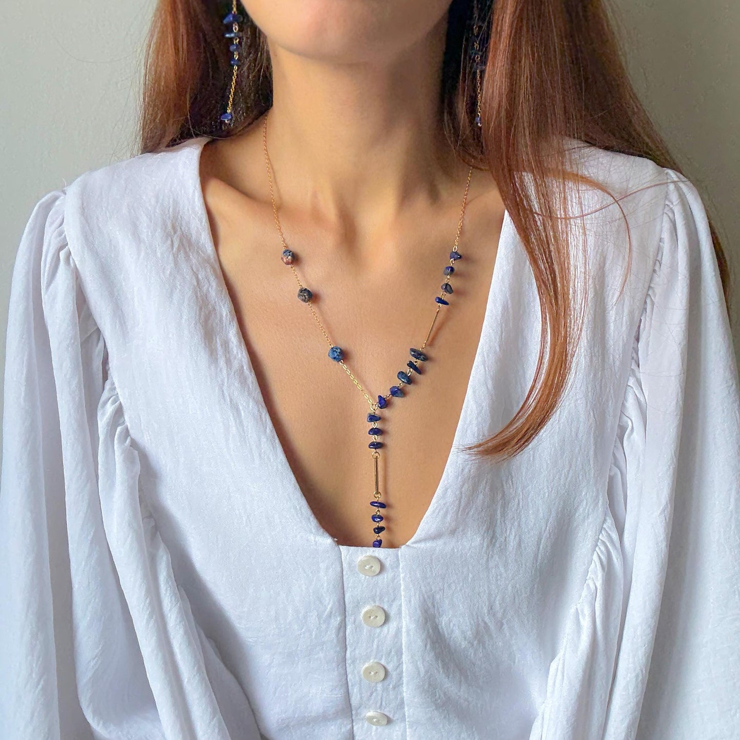 Gold Lariat Necklace with Lapis Lazuli – Dainty Y Necklace, Birthstone Jewelry, Long Boho Chain, Layered Bridal Statement, Gift for Her
