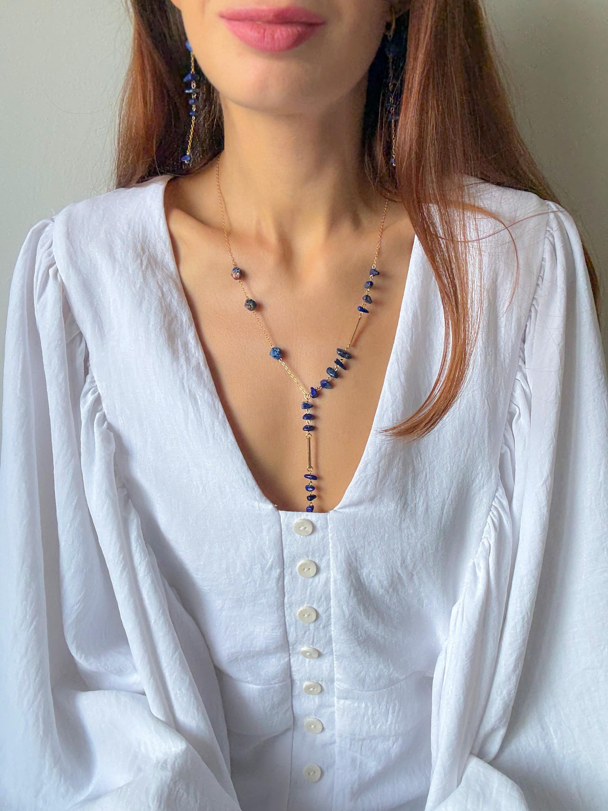 Gold Lariat Necklace with Lapis Lazuli – Dainty Y Necklace, Birthstone Jewelry, Long Boho Chain, Layered Bridal Statement, Gift for Her