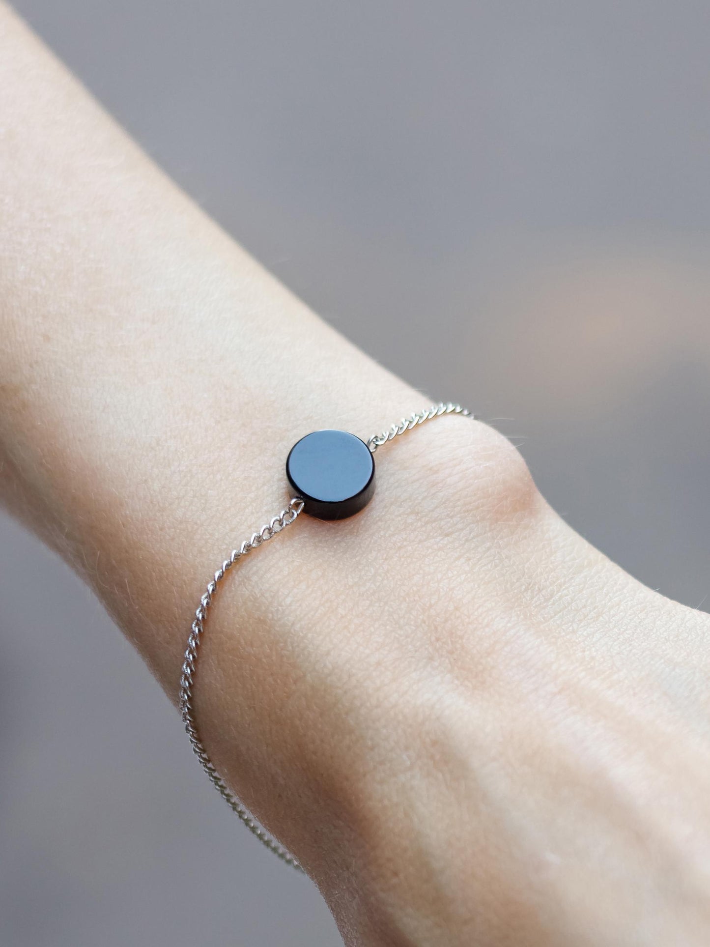 Gold Chain Bracelet, Minimalist Gemstone Bracelet, Dainty Onyx Charm, Adjustable Hand Chain, Y2K Protection Jewelry, Gift for Her, Stack