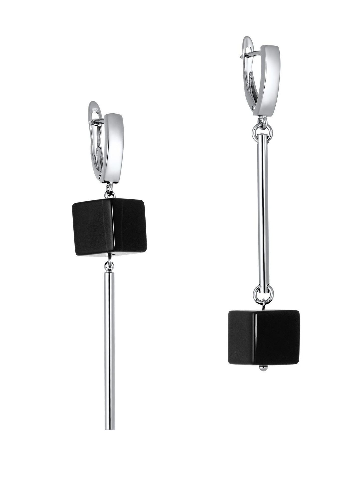 Long Asymmetric Silver Dangle Earrings – Geometric Black Onyx Cube Earrings,Minimalist Modern Jewelry, Statement Drop Earrings, Gift for Her
