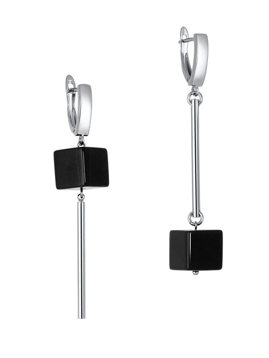 Long Asymmetric Silver Dangle Earrings – Geometric Black Onyx Cube Earrings,Minimalist Modern Jewelry, Statement Drop Earrings, Gift for Her