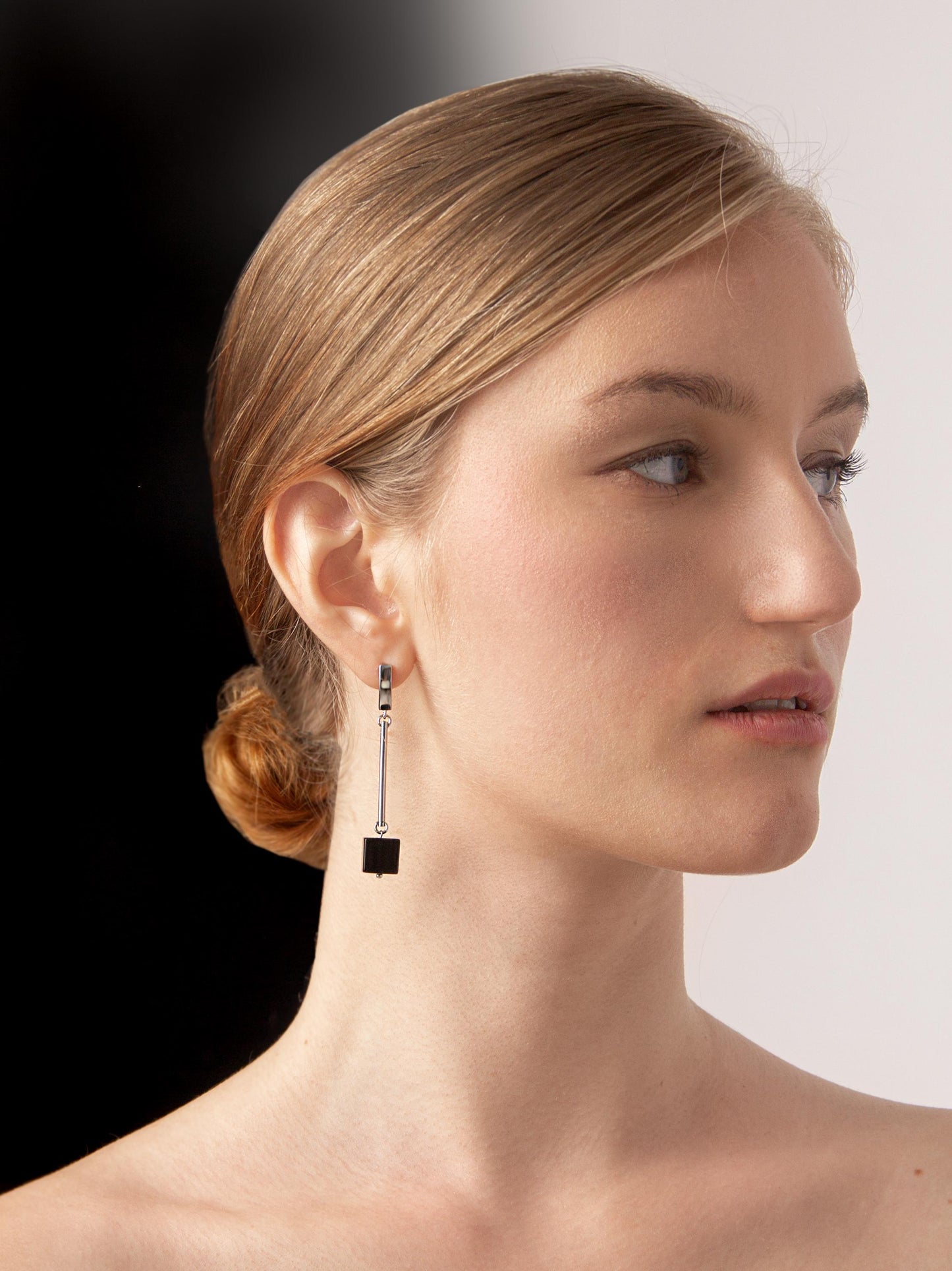 Long Asymmetric Silver Dangle Earrings – Geometric Black Onyx Cube Earrings,Minimalist Modern Jewelry, Statement Drop Earrings, Gift for Her