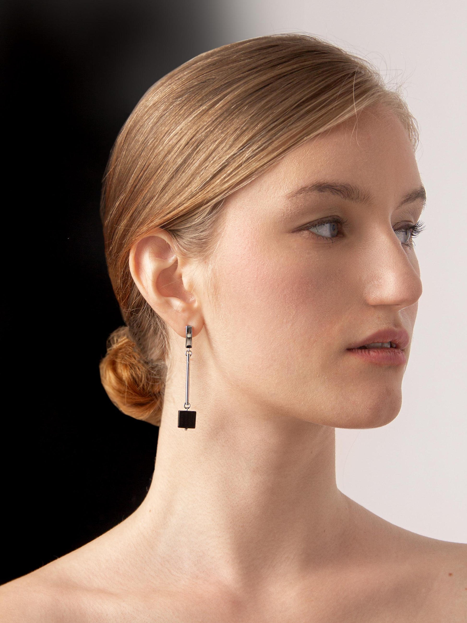 Long Asymmetric Silver Dangle Earrings – Geometric Black Onyx Cube Earrings,Minimalist Modern Jewelry, Statement Drop Earrings, Gift for Her