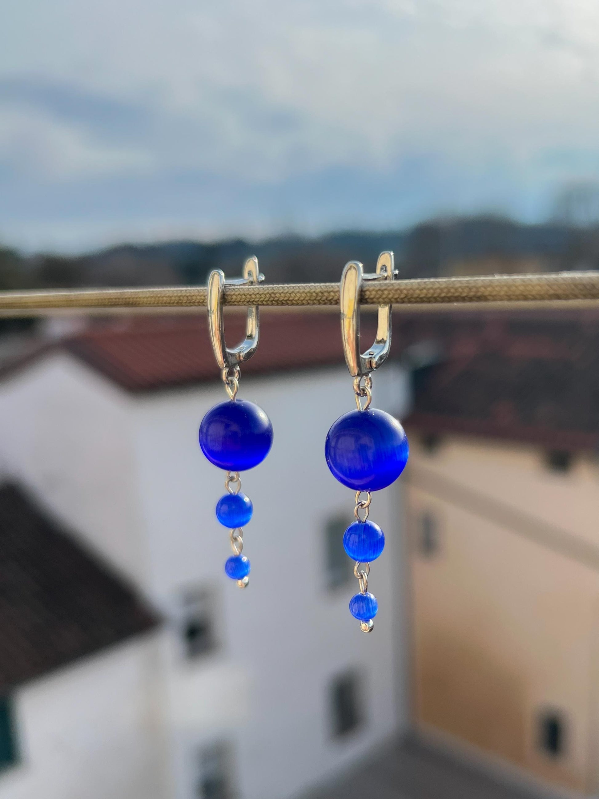 Long Bright Blue Dangle Earrings – Funky Summer Beach Jewelry, Silver Statement Drops, Beaded Gift for Her, Fun Lightweight Earrings