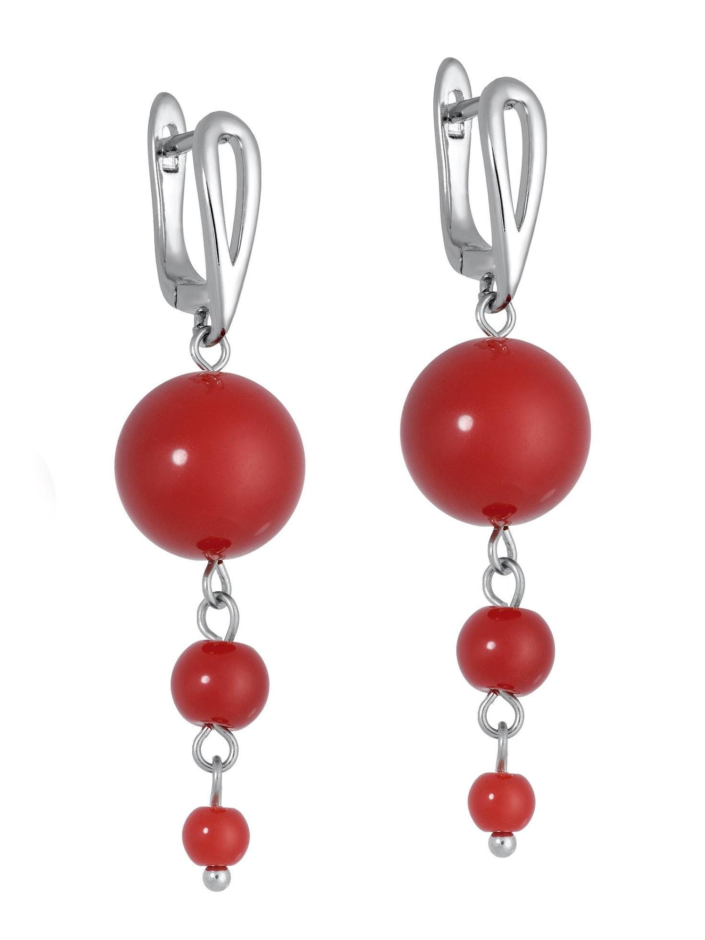 Bright Red Coral Drop Earrings – Long Silver Boho Dangle Summer Jewelry, Berry-Inspired Gift for Her, Lightweight Beach Statement Earrings