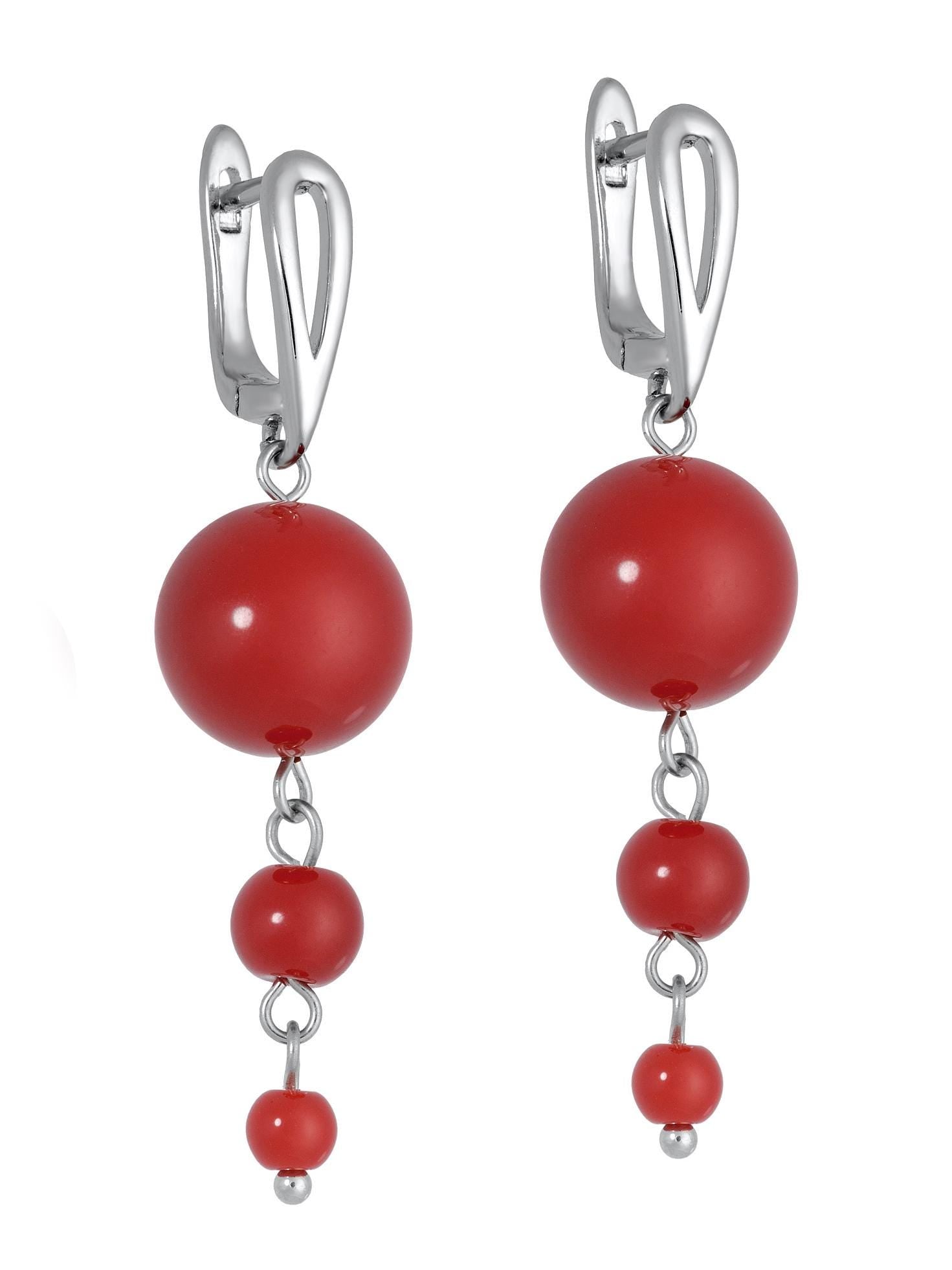 Bright Red Coral Drop Earrings – Long Silver Boho Dangle Summer Jewelry, Berry-Inspired Gift for Her, Lightweight Beach Statement Earrings