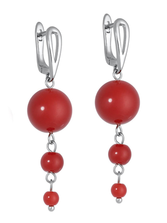 Bright Red Coral Drop Earrings – Long Silver Boho Dangle Summer Jewelry, Berry-Inspired Gift for Her, Lightweight Beach Statement Earrings