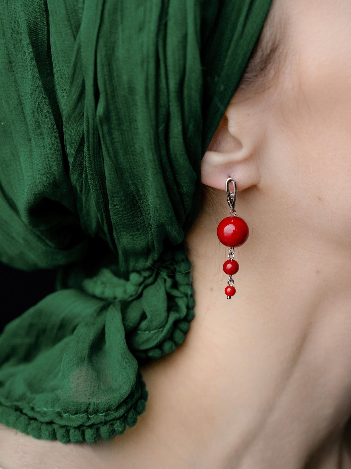 Bright Red Coral Drop Earrings – Long Silver Boho Dangle Summer Jewelry, Berry-Inspired Gift for Her, Lightweight Beach Statement Earrings