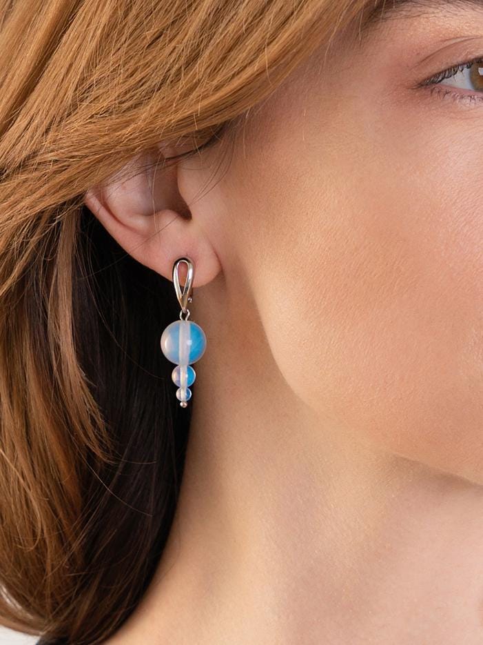 Silver Opalite Drop Earrings – Asymmetrical Dangle Statement Earrings | Mismatched Crystal Gift for Her | Funky Blue Moonstone Style