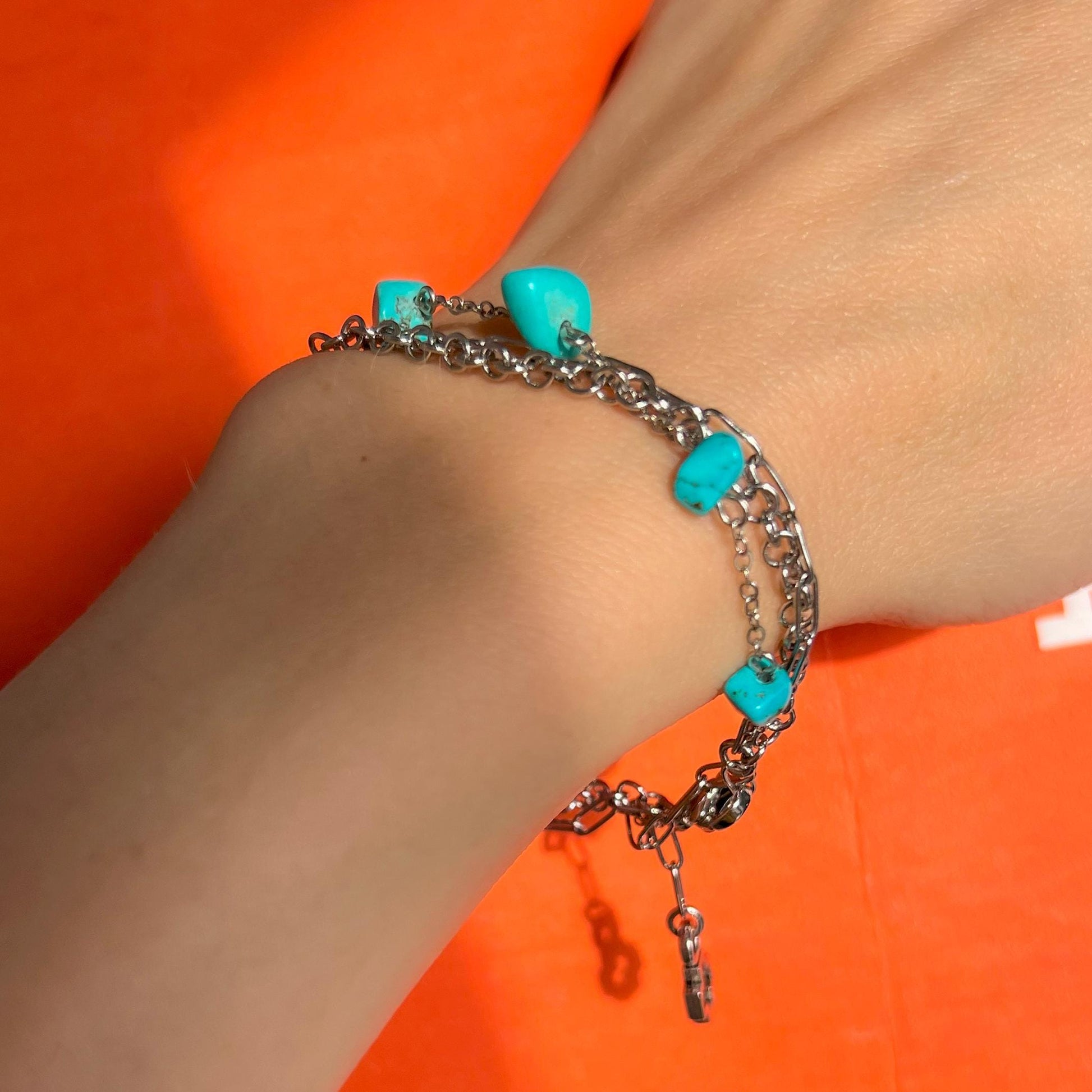 Turquoise Howlite Crystal Charm Chain Bracelet stacking, Dainty Silver Layered Blue Birthstone Boho Jewelry, Handmade Unique Gift for Her
