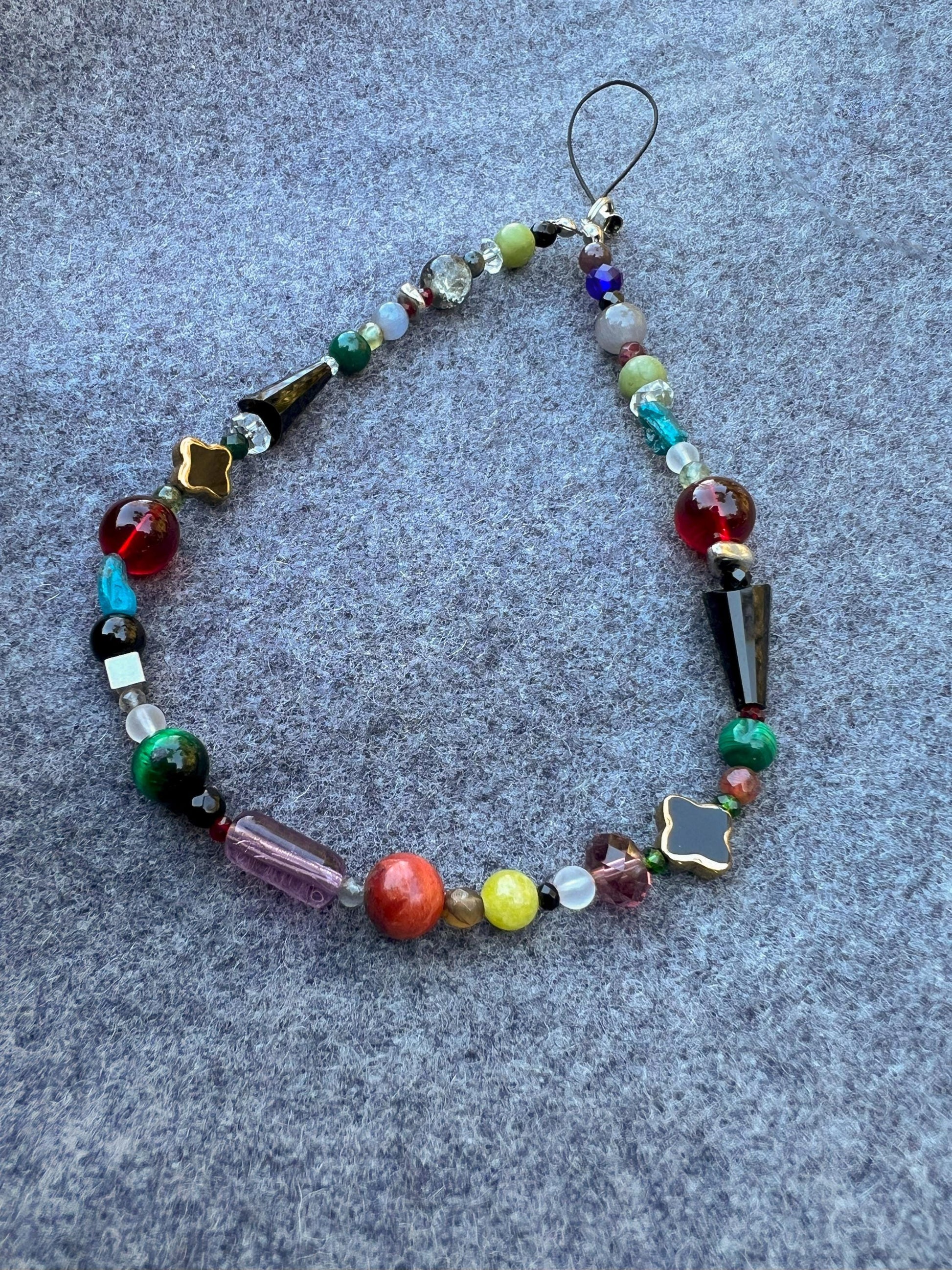 Dark Colorful Gemstone Keychain,Natural Stone Bag Charm,Handmade Beaded Purse Accessory,Handbag Charm Gift for Her,Crystal Keyring Gift Idea