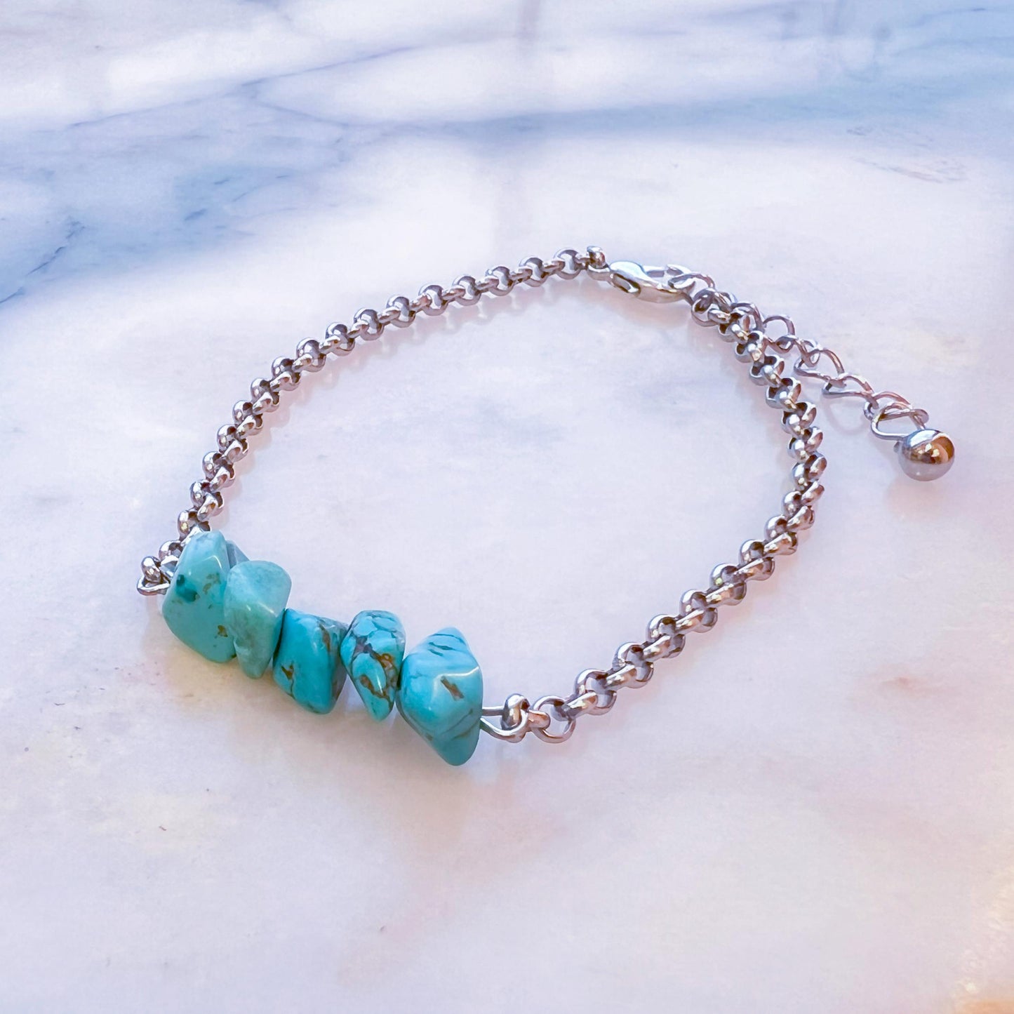 Turquoise Crystal Silver Chain Bracelet – Bohemian Y2K Hand Chain Jewelry, Unique Gift for Her, Birthstone Howlite Bracelet Stack Style