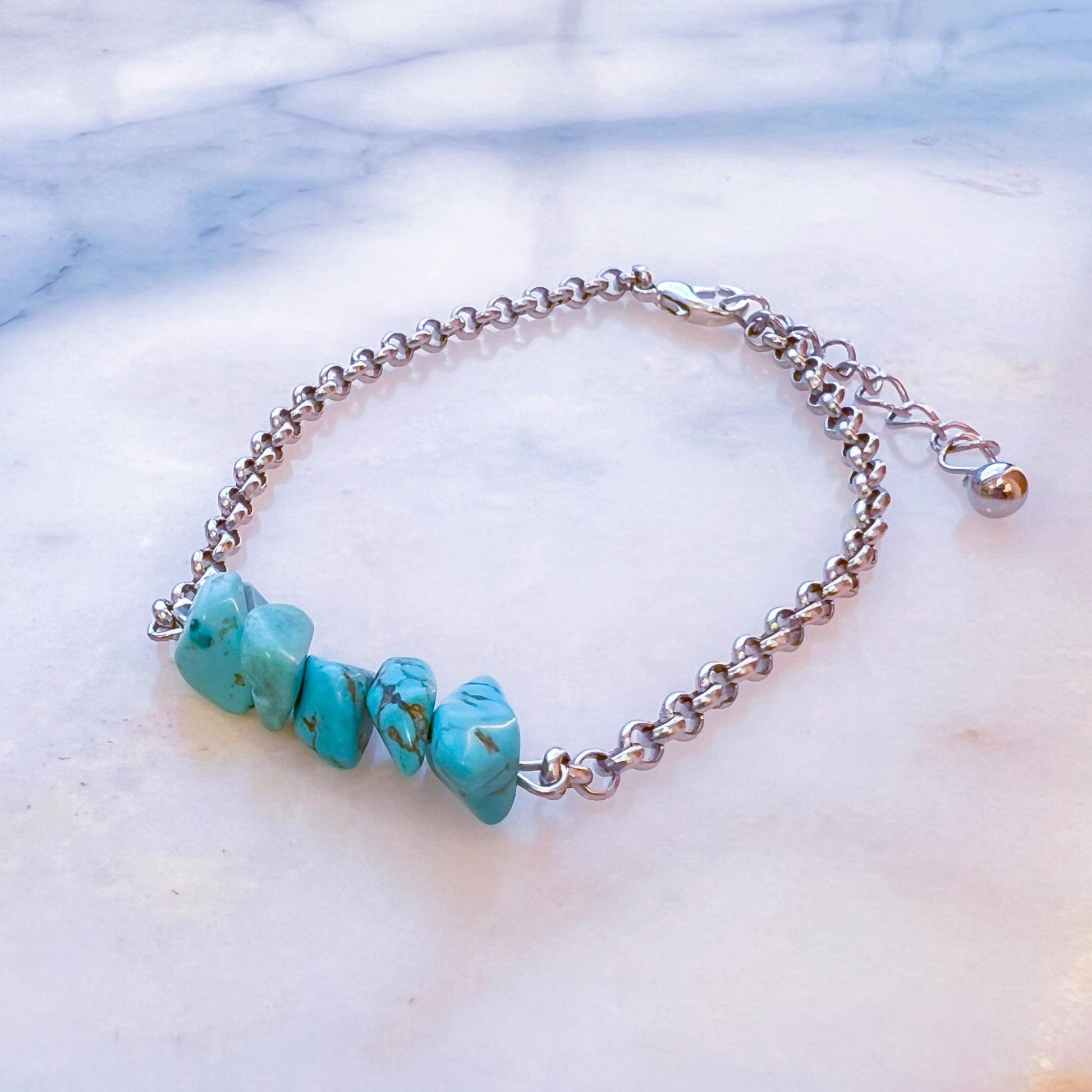 Turquoise Crystal Silver Chain Bracelet – Bohemian Y2K Hand Chain Jewelry, Unique Gift for Her, Birthstone Howlite Bracelet Stack Style