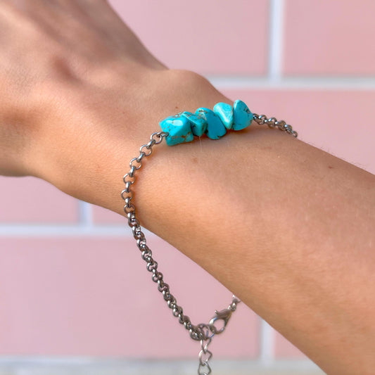 Turquoise Crystal Silver Chain Bracelet – Bohemian Y2K Hand Chain Jewelry, Unique Gift for Her, Birthstone Howlite Bracelet Stack Style