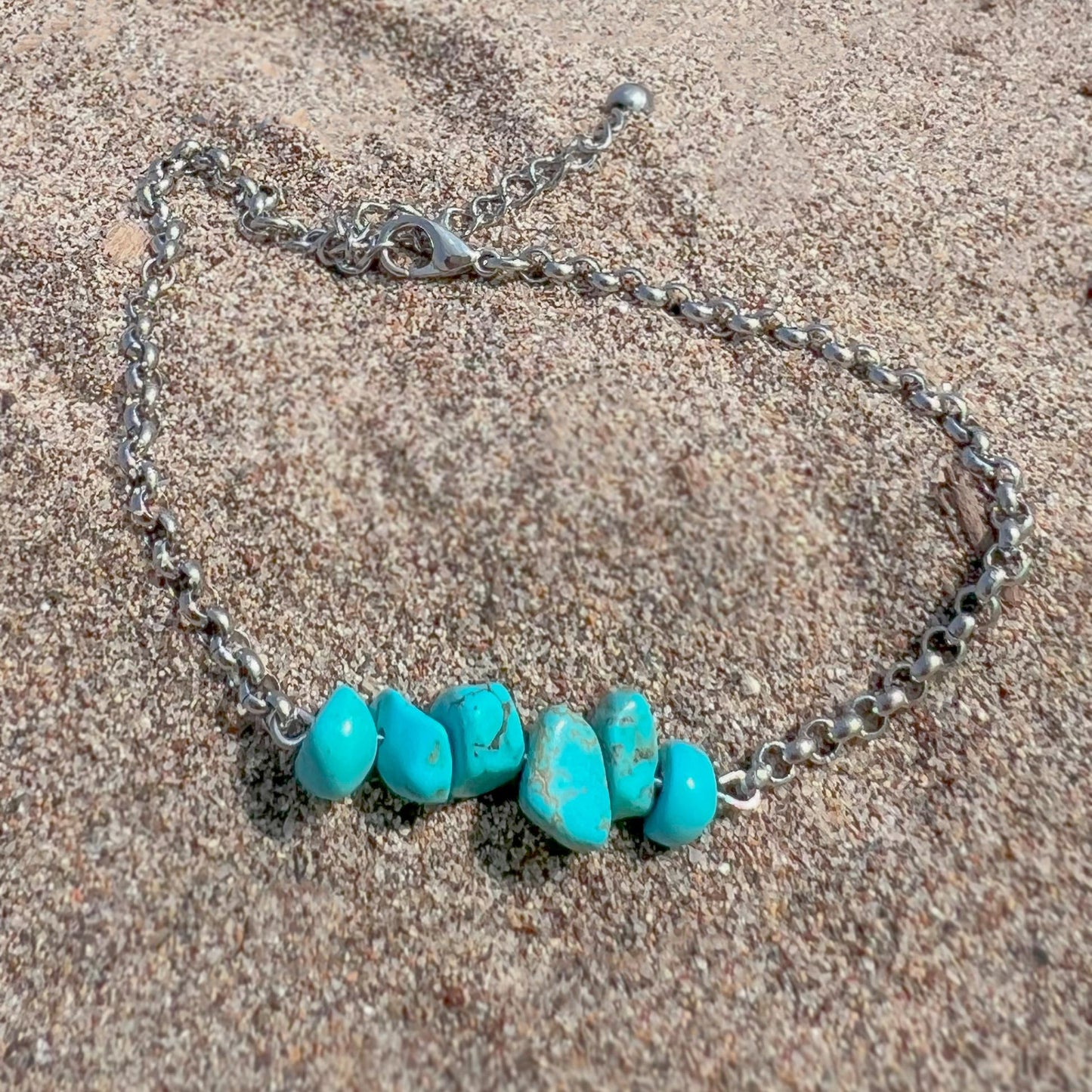 Turquoise Crystal Silver Chain Bracelet – Bohemian Y2K Hand Chain Jewelry, Unique Gift for Her, Birthstone Howlite Bracelet Stack Style