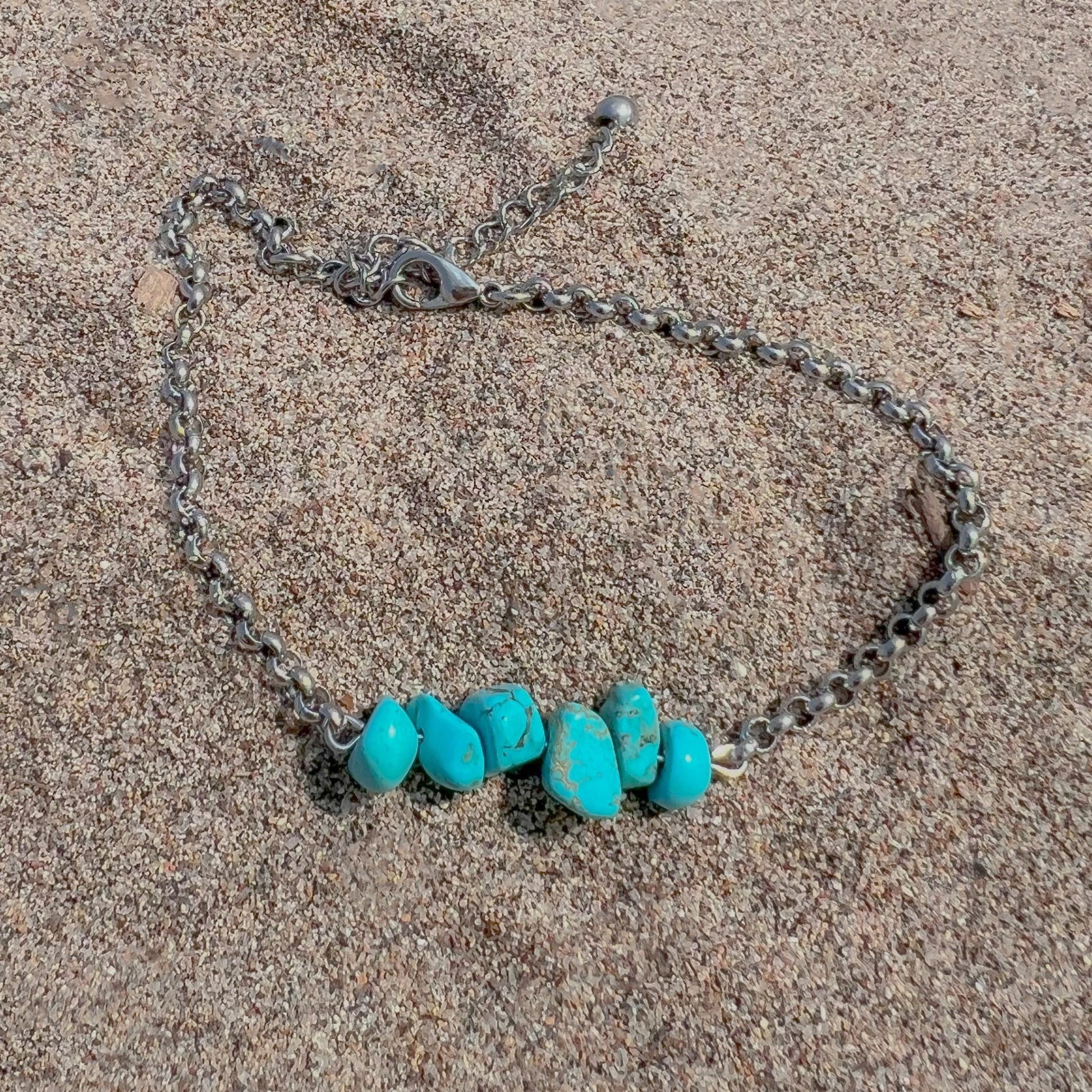 Turquoise Crystal Silver Chain Bracelet – Bohemian Y2K Hand Chain Jewelry, Unique Gift for Her, Birthstone Howlite Bracelet Stack Style