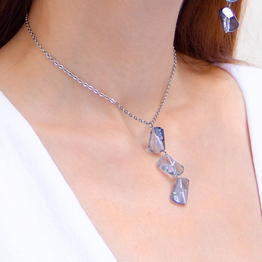 Silver Lariat Necklace Blue Bead Crystal Charm, Boho Long Statement Jewelry, Bridal Wedding Summer Necklace, Gift for Her