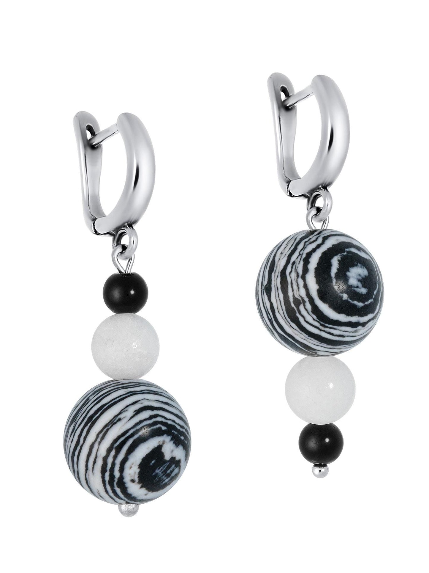 Zebra Stripe Asymmetrical Silver Earrings – Black and White Drop Statement Jewelry with Onyx and Quartzite, Bold & Lightweight Gift for Her