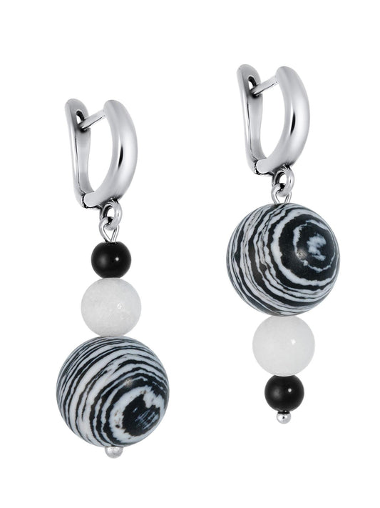 Zebra Stripe Asymmetrical Silver Earrings – Black and White Drop Statement Jewelry with Onyx and Quartzite, Bold & Lightweight Gift for Her