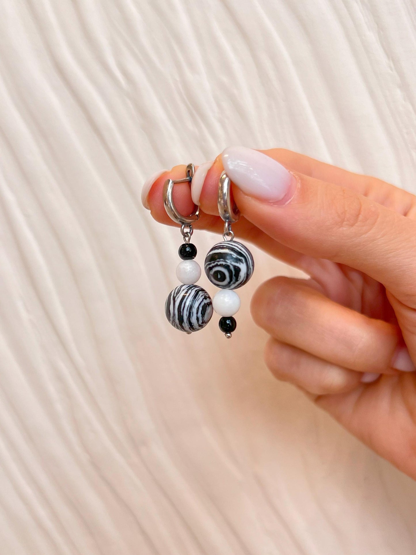 Zebra Stripe Asymmetrical Silver Earrings – Black and White Drop Statement Jewelry with Onyx and Quartzite, Bold & Lightweight Gift for Her