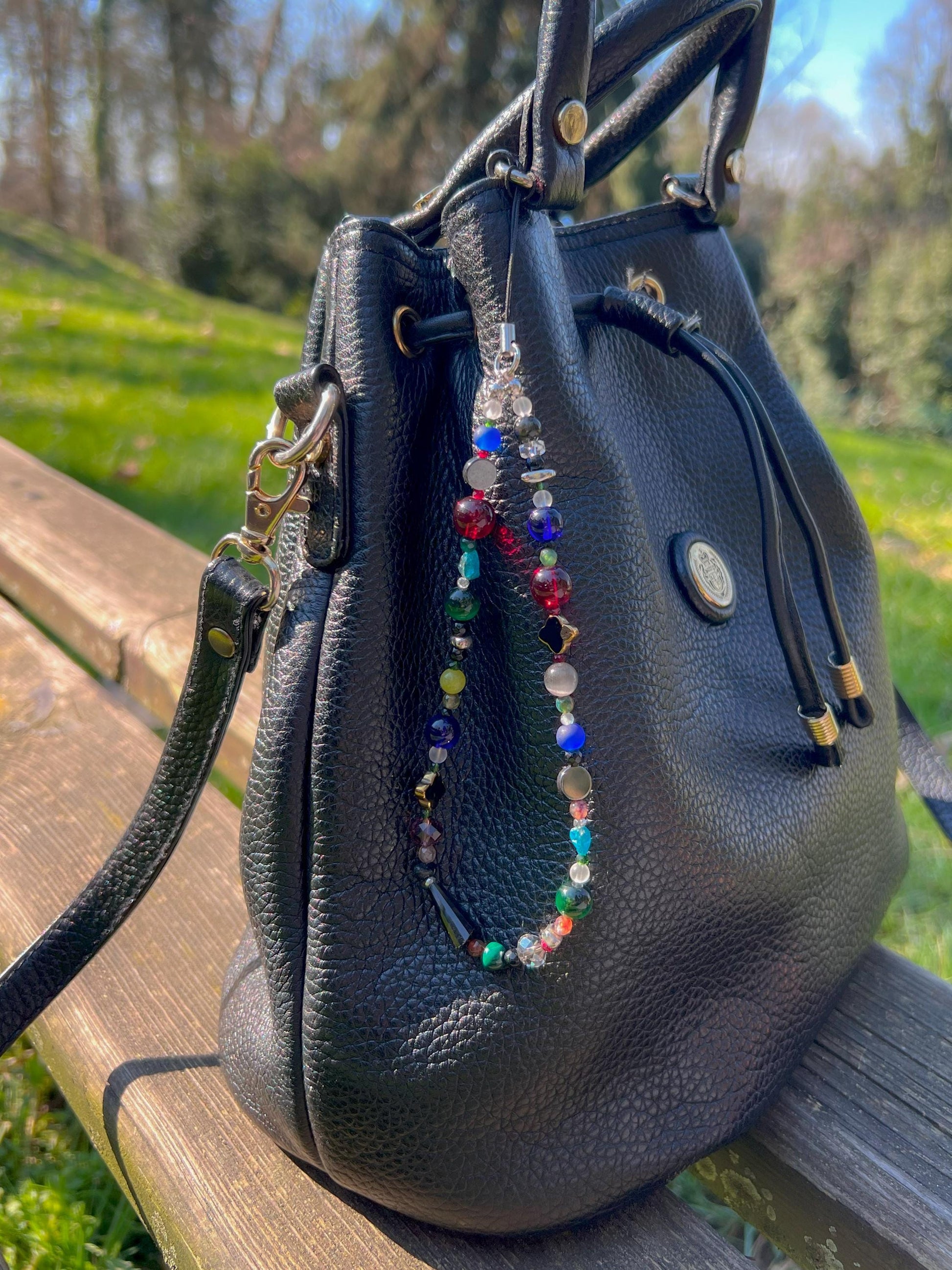 Dark Colorful Gemstone Keychain,Natural Stone Bag Charm,Handmade Beaded Purse Accessory,Handbag Charm Gift for Her,Crystal Keyring Gift Idea