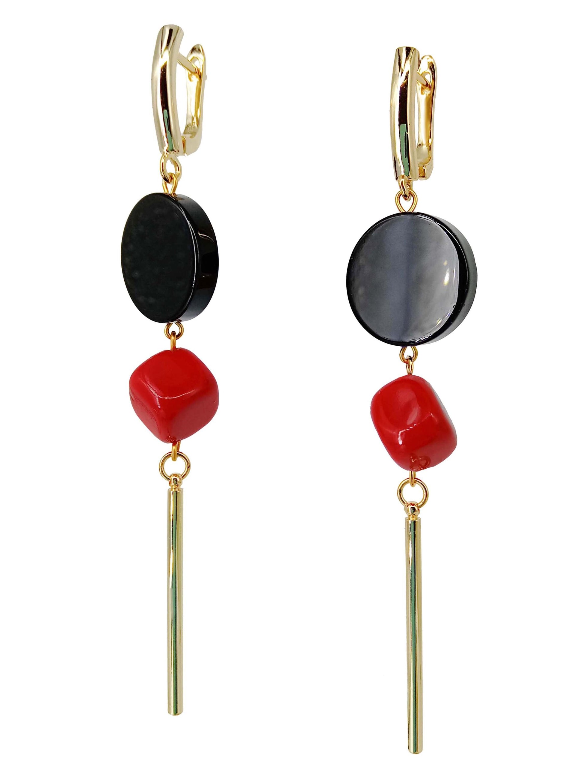 Geometric Dangle Earrings β Black Onyx & Red Coral Drop Earrings β Statement Handmade Jewelry Gift for Her β Quirky Gold Earrings