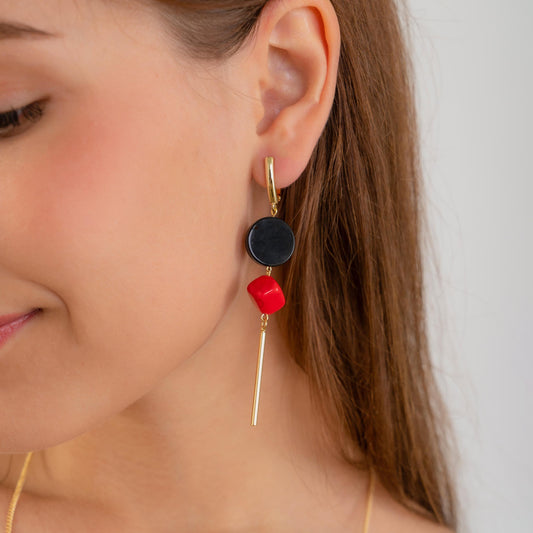 Geometric Dangle Earrings – Black Onyx & Red Coral Drop Earrings – Statement Handmade Jewelry Gift for Her – Quirky Gold Earrings